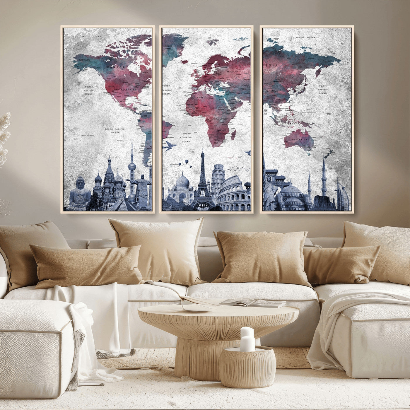 MGV-FC-48X32-3P - Push Pin World Map Canvas Print – Framed Wall Art for Couples to Track Their Travels – Anniversary