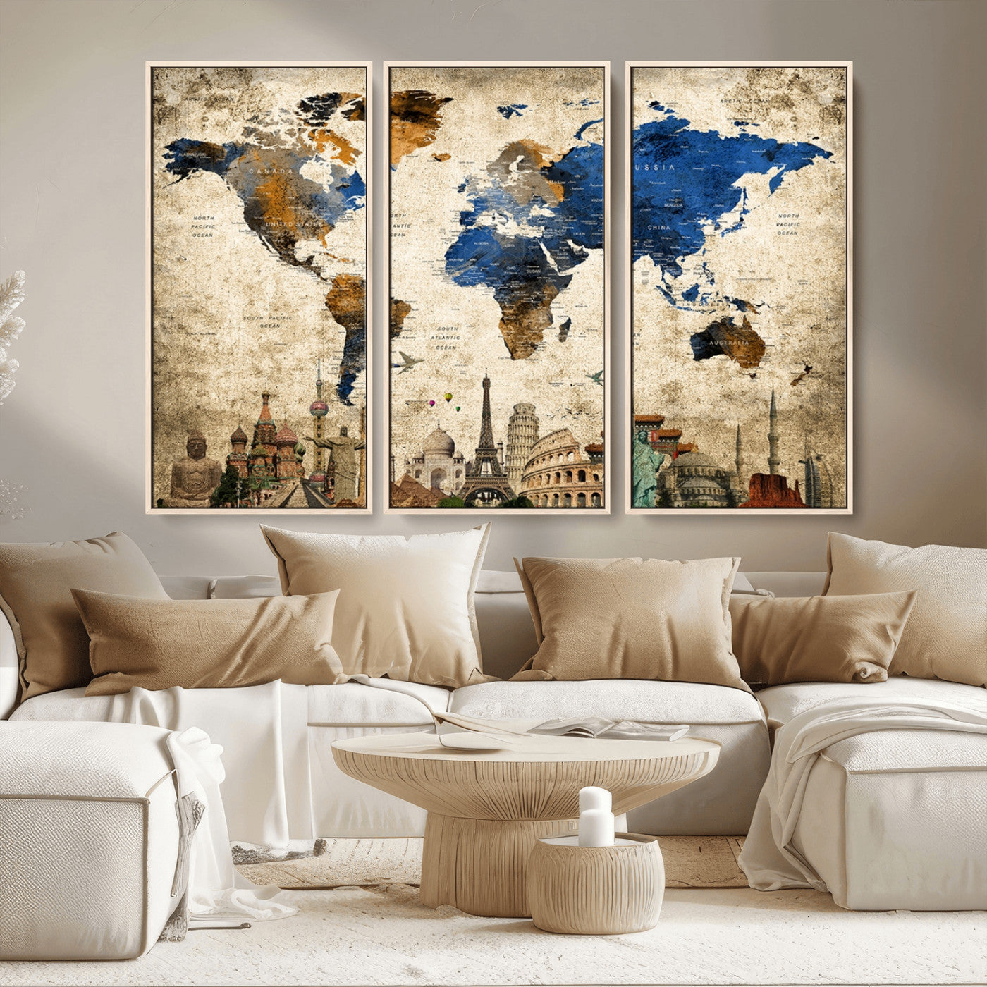 MGV-FC-48X32-3P - Push Pin World Map Canvas Print – Framed Wall Art for Couples to Track Their Travels – Anniversary