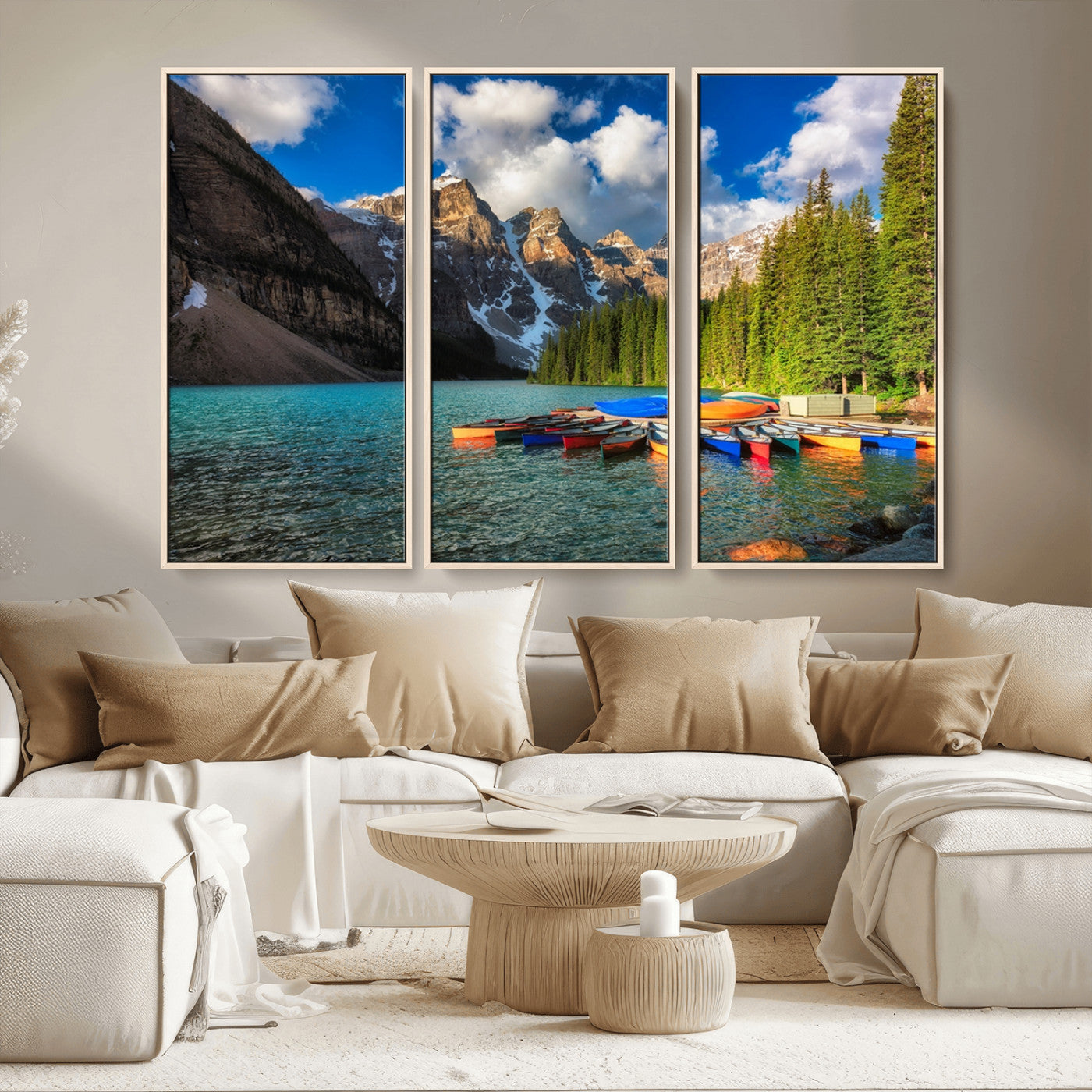 MGV-FC-48X32-3P - Moraine Lake 3-Panel Wall Art, Majestic Mountain and Lake Landscape Canvas Print Canoes on Moraine