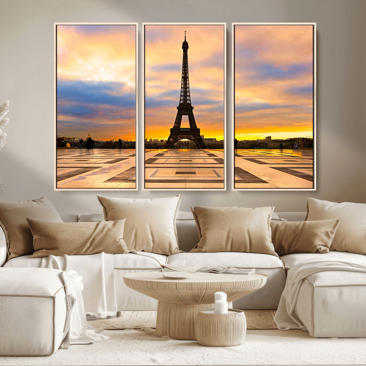 MGV-FC-48X32-3P - Paris Eiffel Tower Sunset Canvas Wall Art Print - Iconic Landmark Decor with Vibrant Colors
