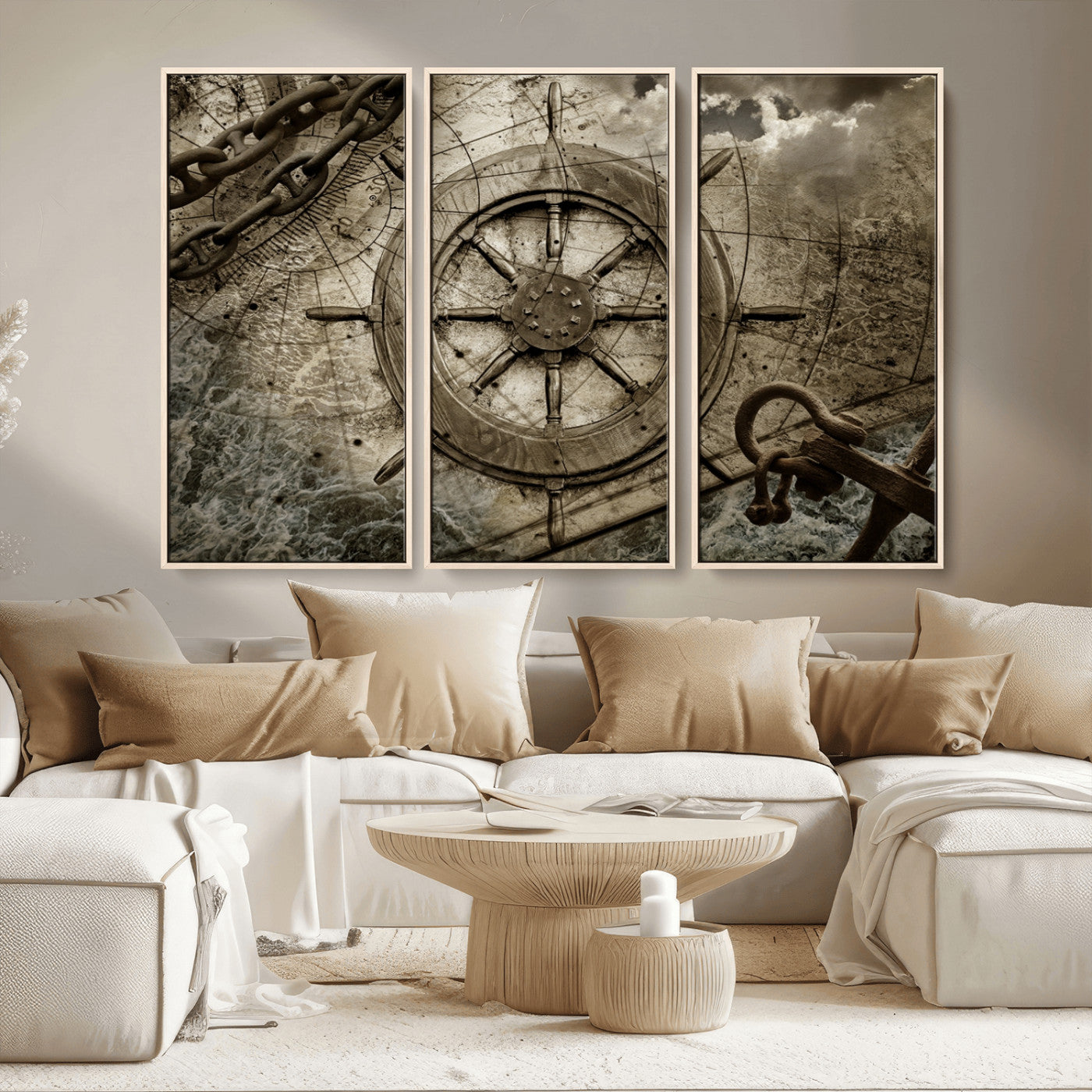 MGV-FC-48X32-3P - Wooden Ship Wheel Canvas Print, Multi Panel Canvas Wall Art Print