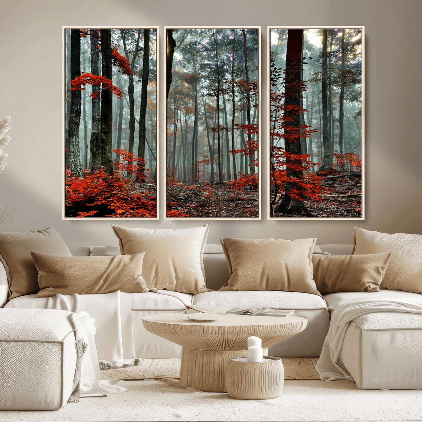 MGV-FC-48X32-3P - Autumn Forest Canvas Wall Art – Enchanting Red Leaves Triptych Print – Nature-Inspired Decor for
