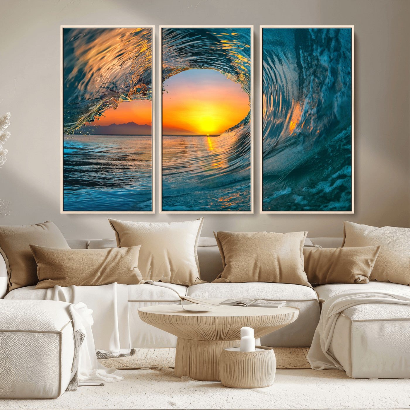 MGV-FC-48X32-3P - Ocean Wave Sunset Wall Art | Large Coastal Wave Canvas Print | 3-Panel Ocean Sunset Seascape for