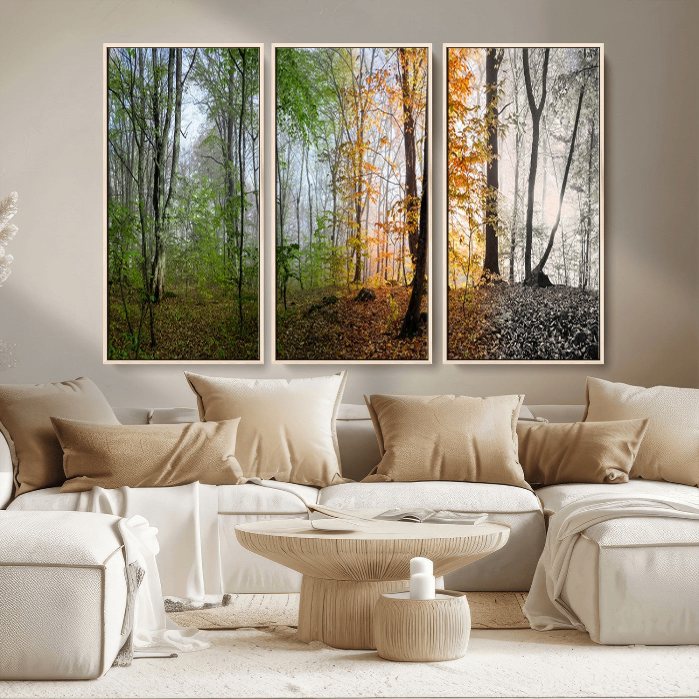 MGV-FC-48X32-3P - Four Seasons Wall Art Forest Canvas Print – Triptych Seasonal Nature Print – Landscape Decor for