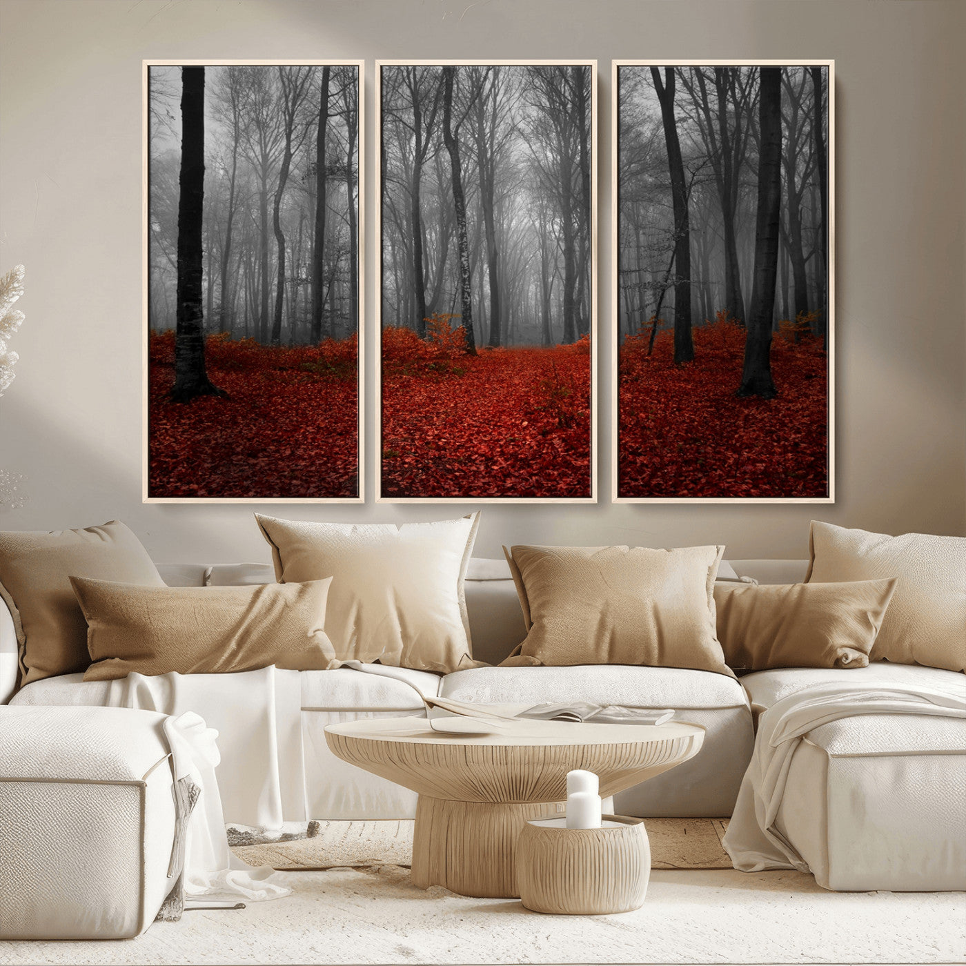 MGV-FC-48X32-3P - Red Forest Floor Canvas Wall Art – Mystical Foggy Woodland Triptych – Nature-Inspired Decor for