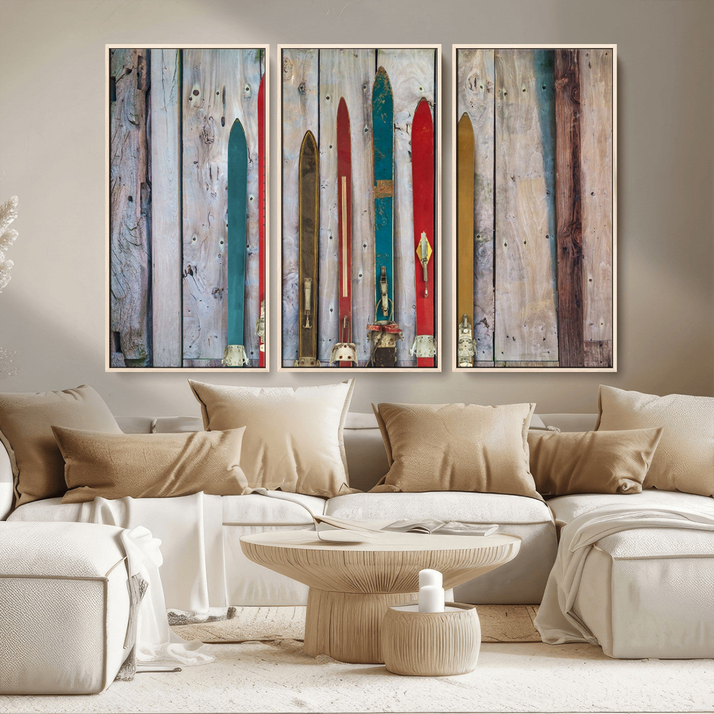MGV-FC-48X32-3P - Vintage Wooden Weathered Ski's in Front of an Old Barn Wall Art Canvas Print for Farmhouse, Cabin