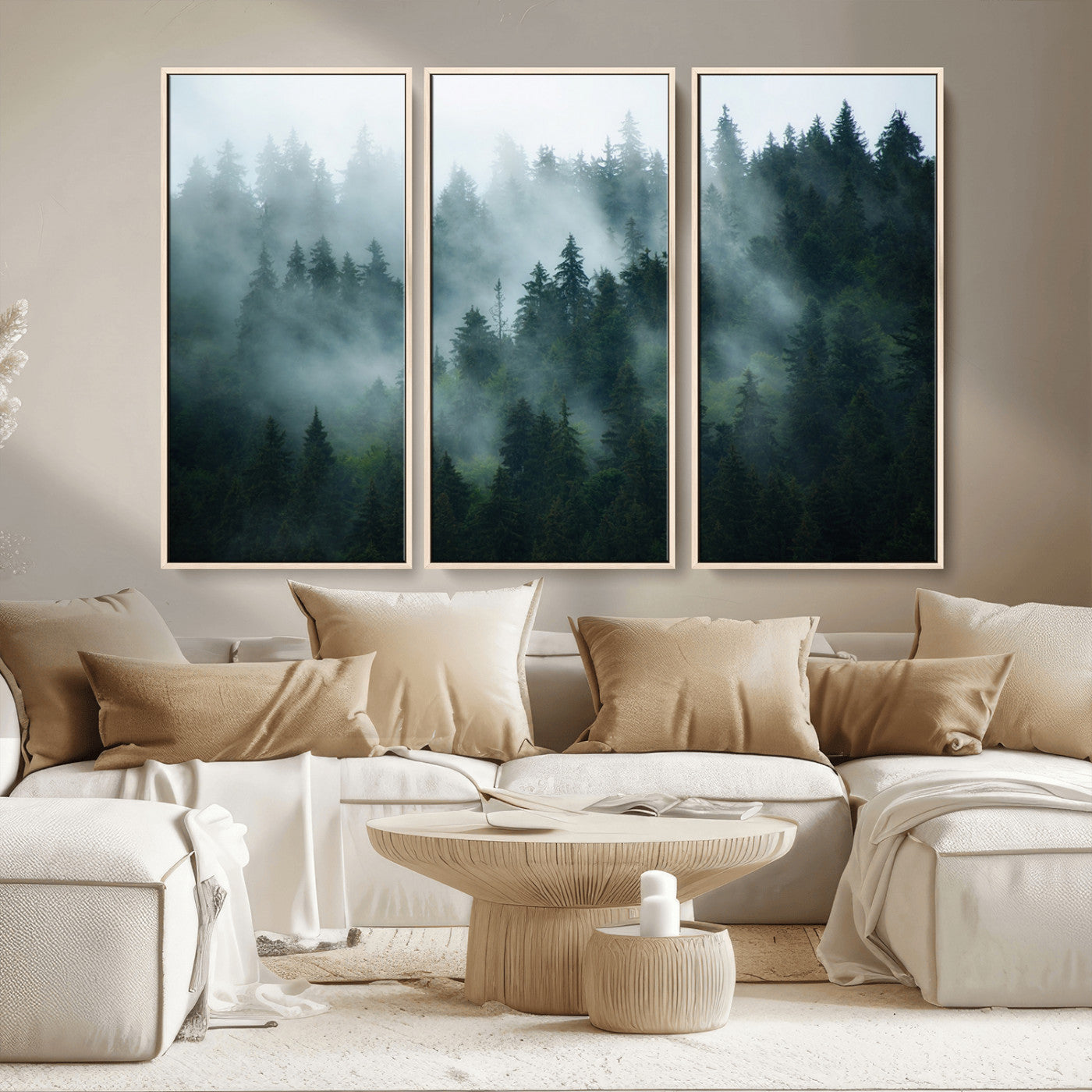 MGV-FC-48X32-3P - Foggy Forest 3-Panel Canvas Wall Art | Large Giclée Nature Scene Print for Living Room, Office, or