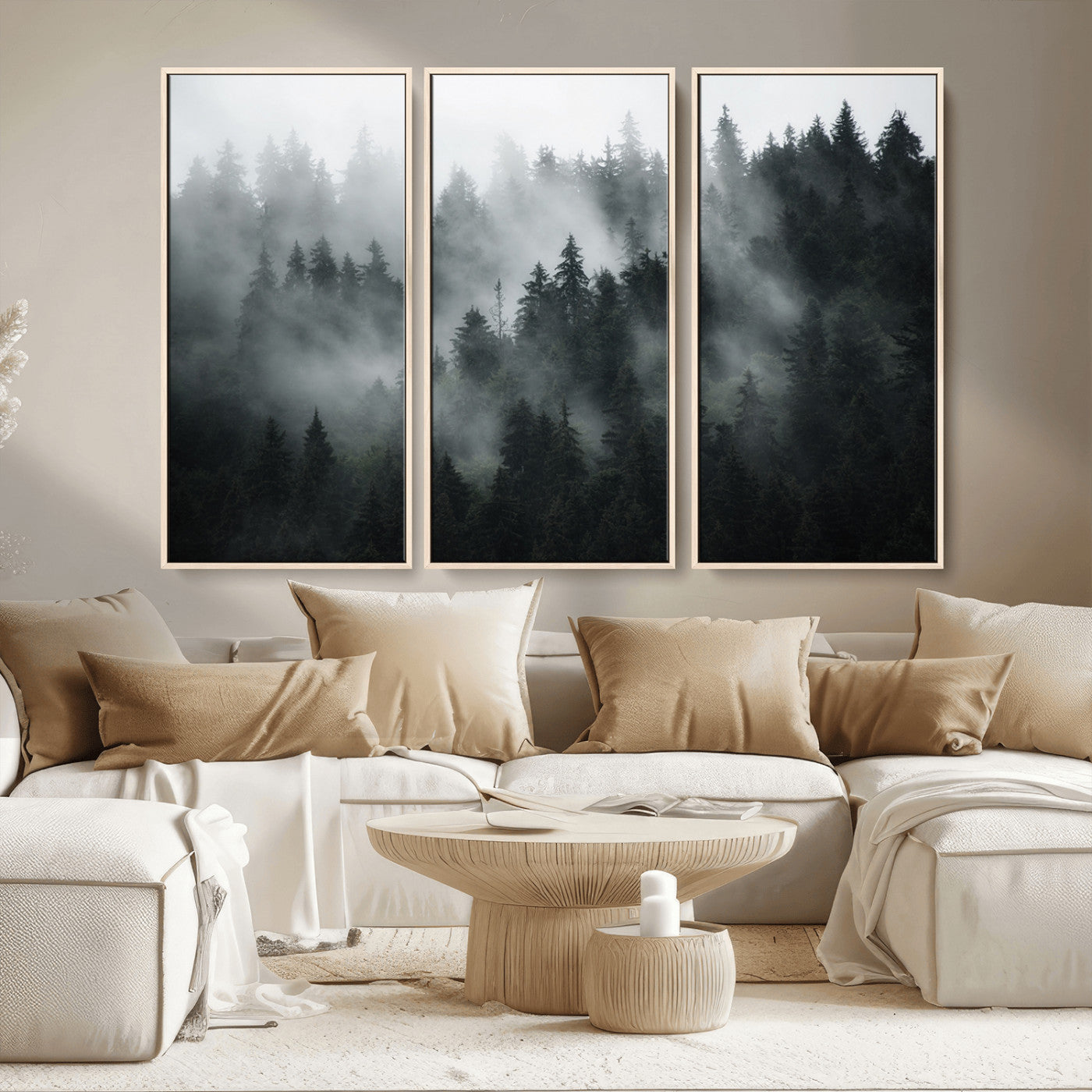MGV-FC-48X32-3P - Foggy Forest Wall Art Canvas Print | 3 Panel Large Misty Landscape for Dining Room, Office, or