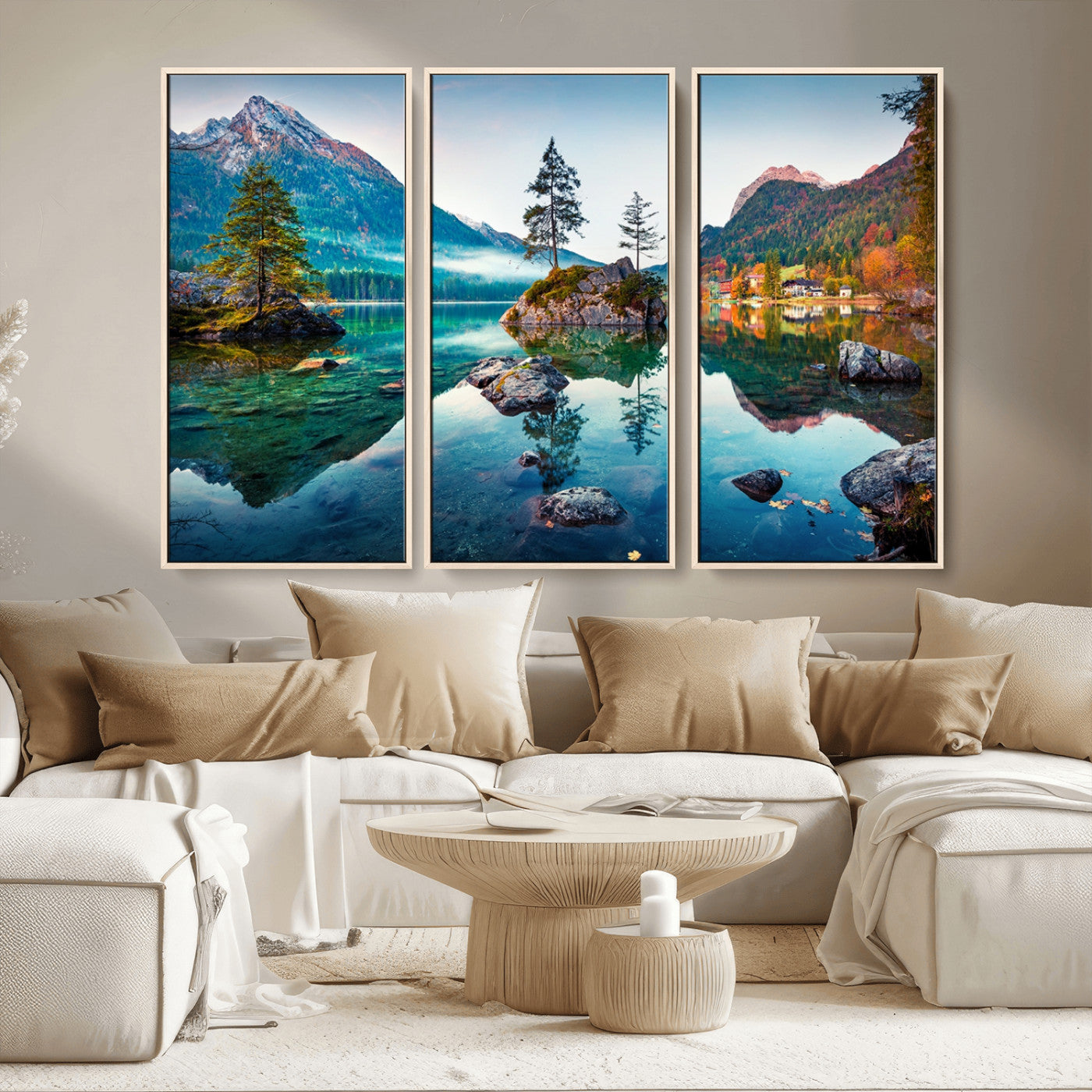 55009-MGV-FC-48X32-3P_Natural-Crystal Clear Lake Wall Art | Mountains Wall Art Canvas | 3 Panel Large Landscape Print for Dining