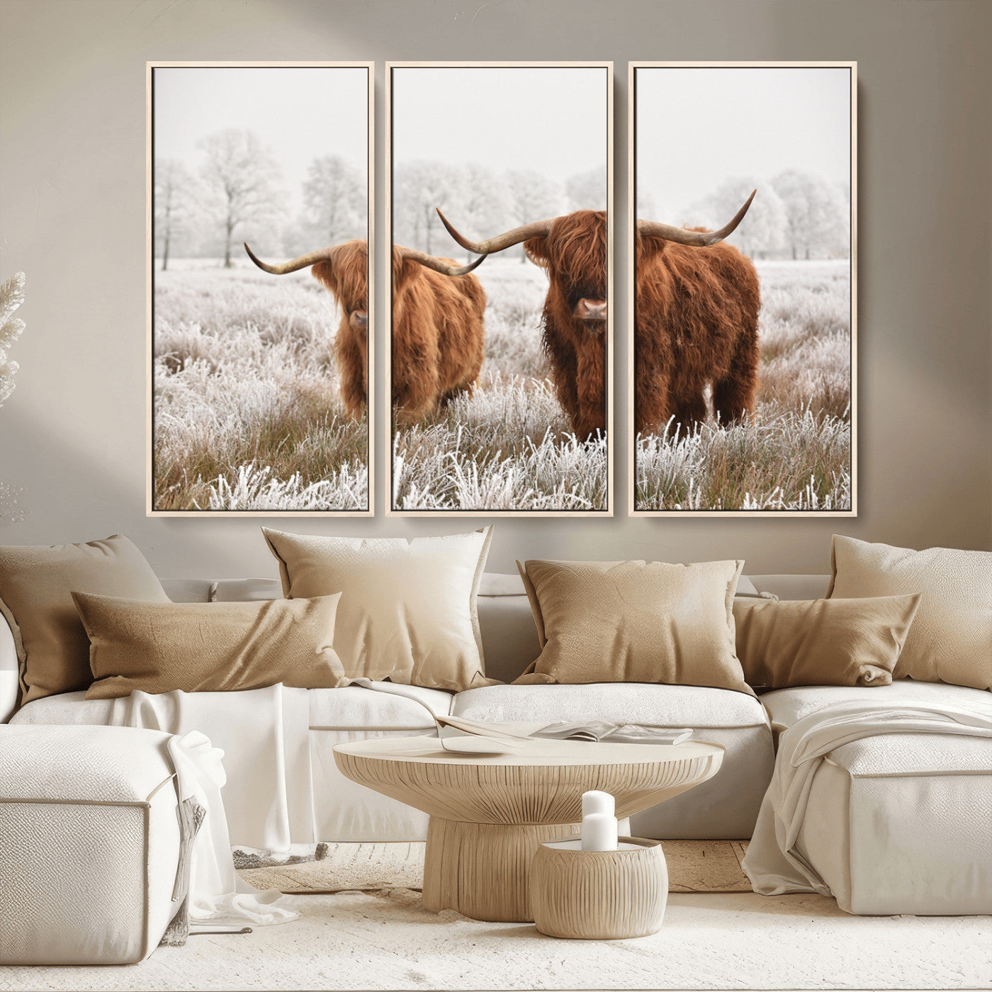 MGV-FC-48X32-3P - Longhorn Cattle Wall Art Canvas Print, Framed Farmhouse Style Art Picture Print, Rustic Cow Perfect Rustic Farmhouse Decor Artwork