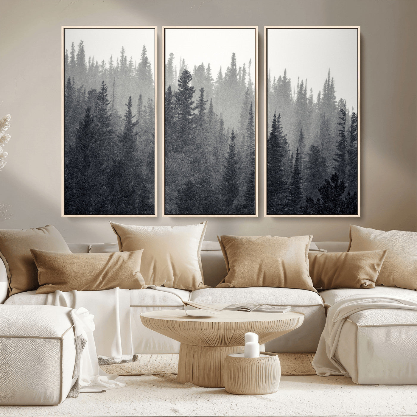 MGV-FC-48X32-3P - Misty Forest Canvas Wall Art – Monochrome Triptych Pine Tree Print – Nature-Inspired Home Decor –