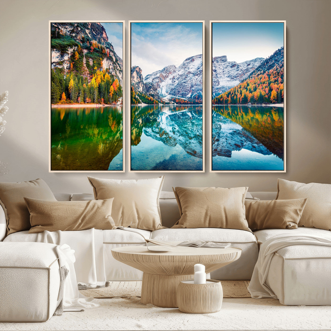 MGV-FC-48X32-3P - Spectacular autumn view of Braies Lake Wall Art Canvas Print