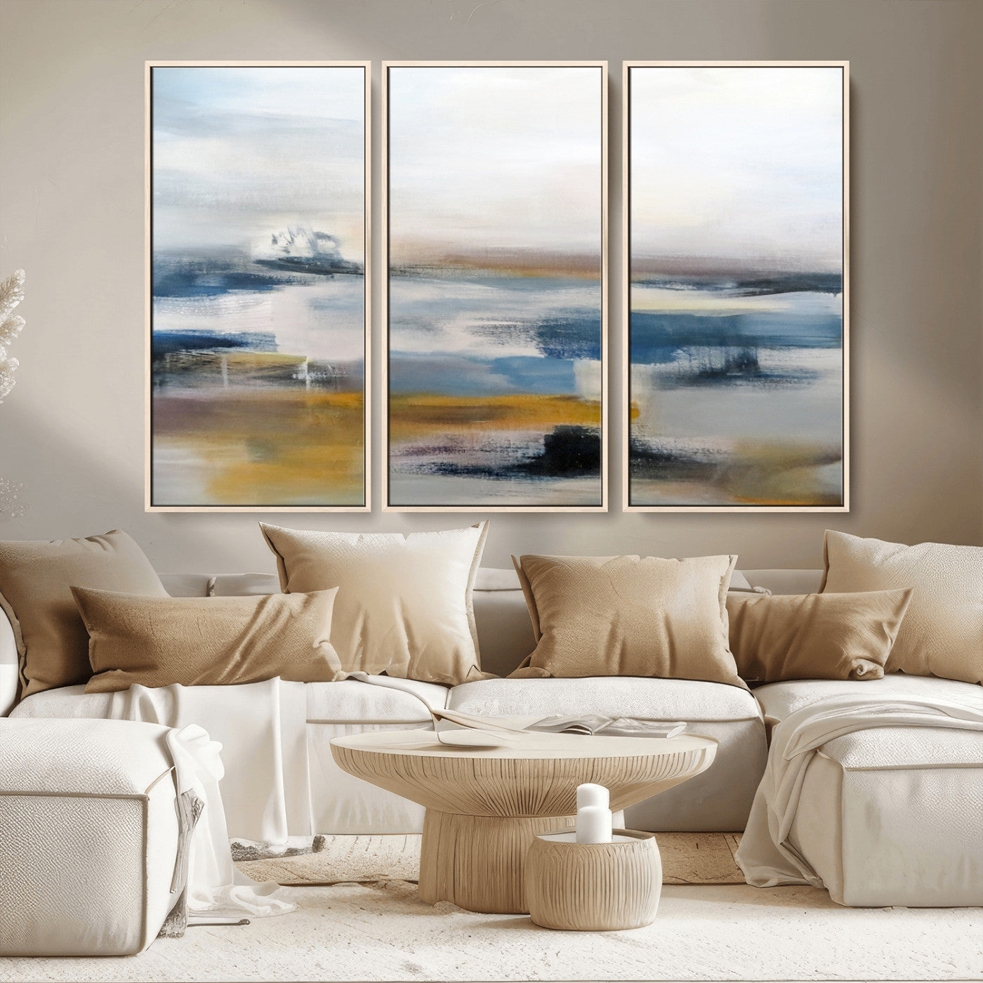 MGV-FC-48X32-3P - Abstract Landscape Wall Art Canvas | 3 Panel Modern Blue, Gold, and White Canvas Art for Living