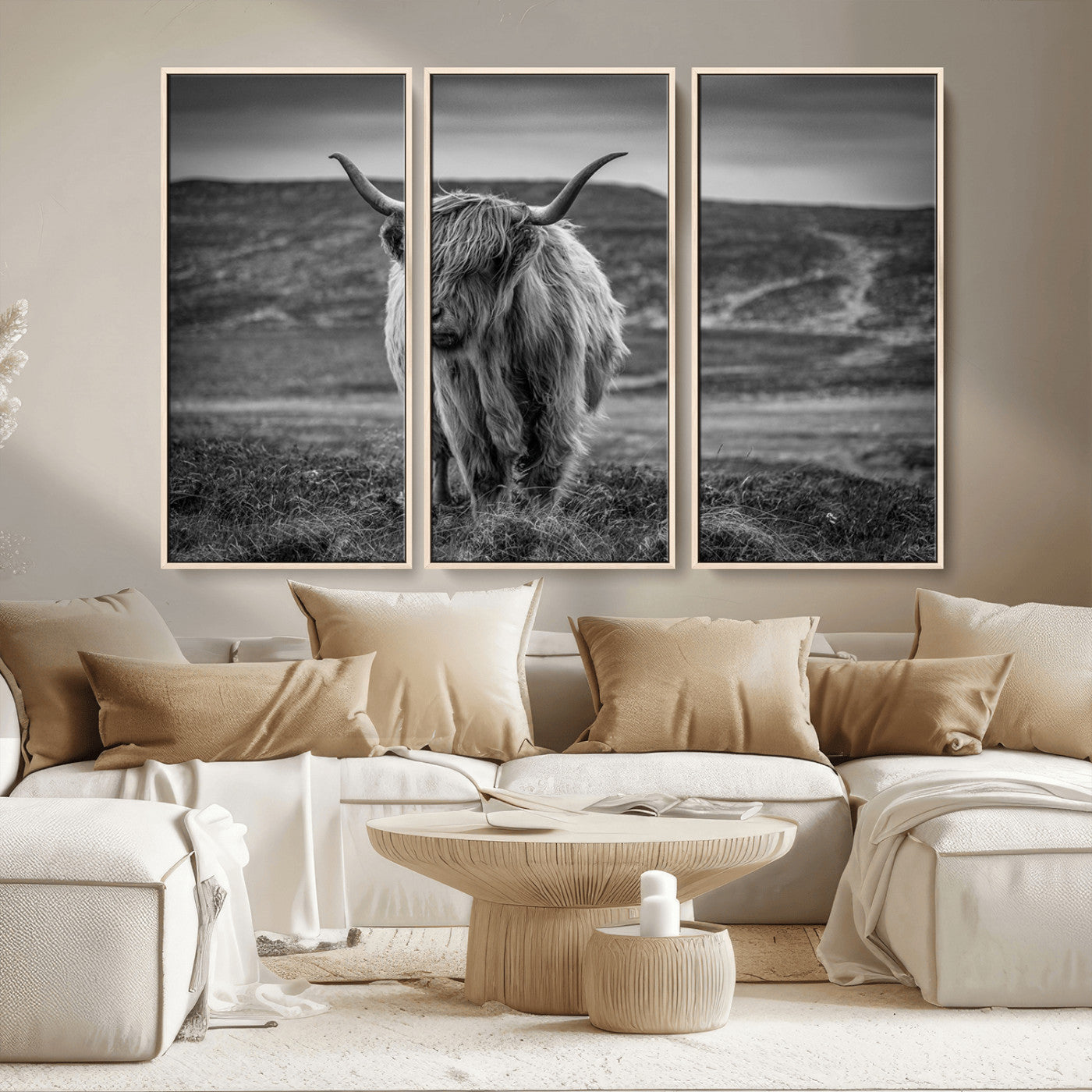 MGV-FC-48X32-3P - Fluffy Cattle Wall Art Print, Highland Cow Canvas, Framed Black and white Wall Art