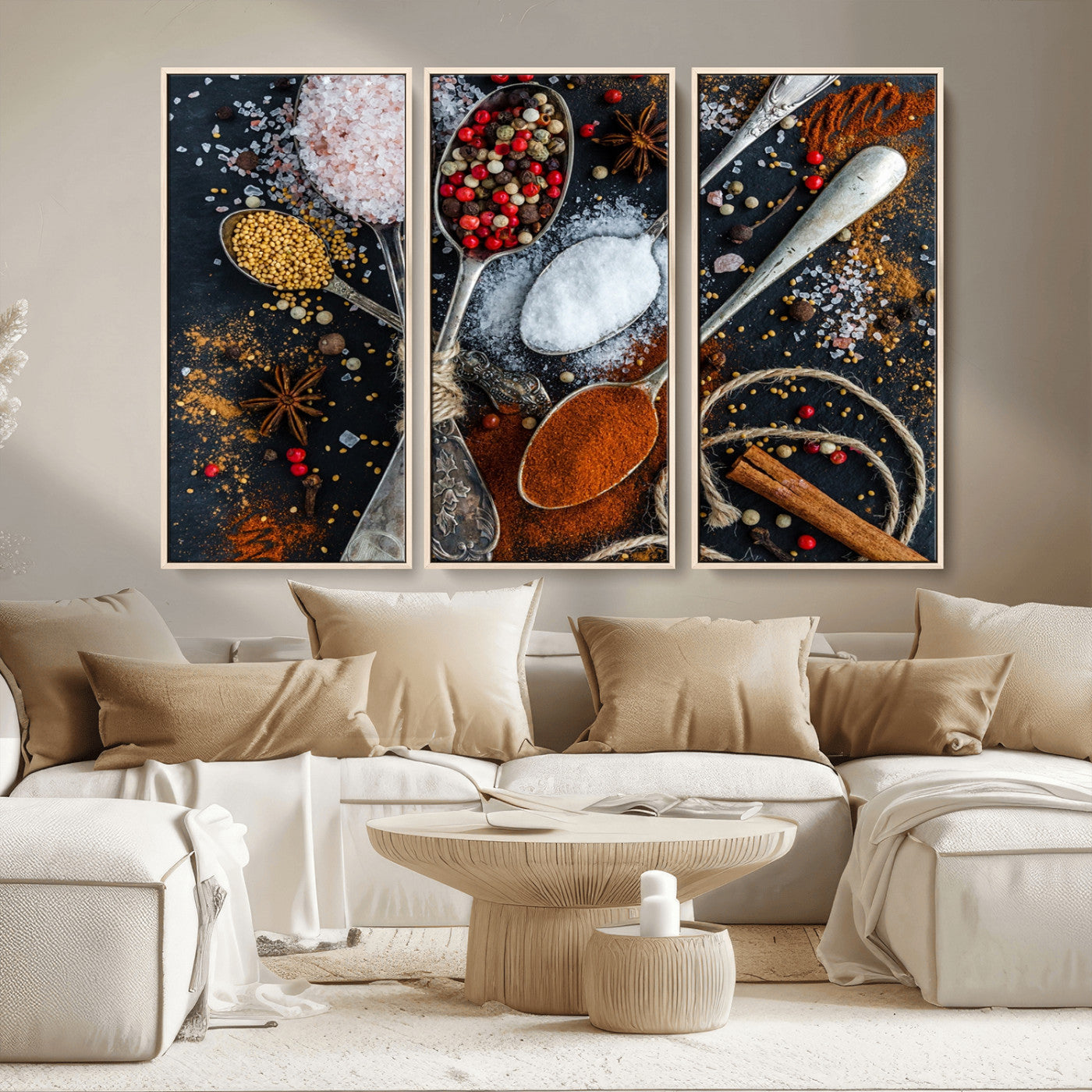 MGV-FC-48X32-3P - Spices and Seasonings Canvas Wall Art – Colorful Triptych Kitchen Decor – Culinary Art for Dining