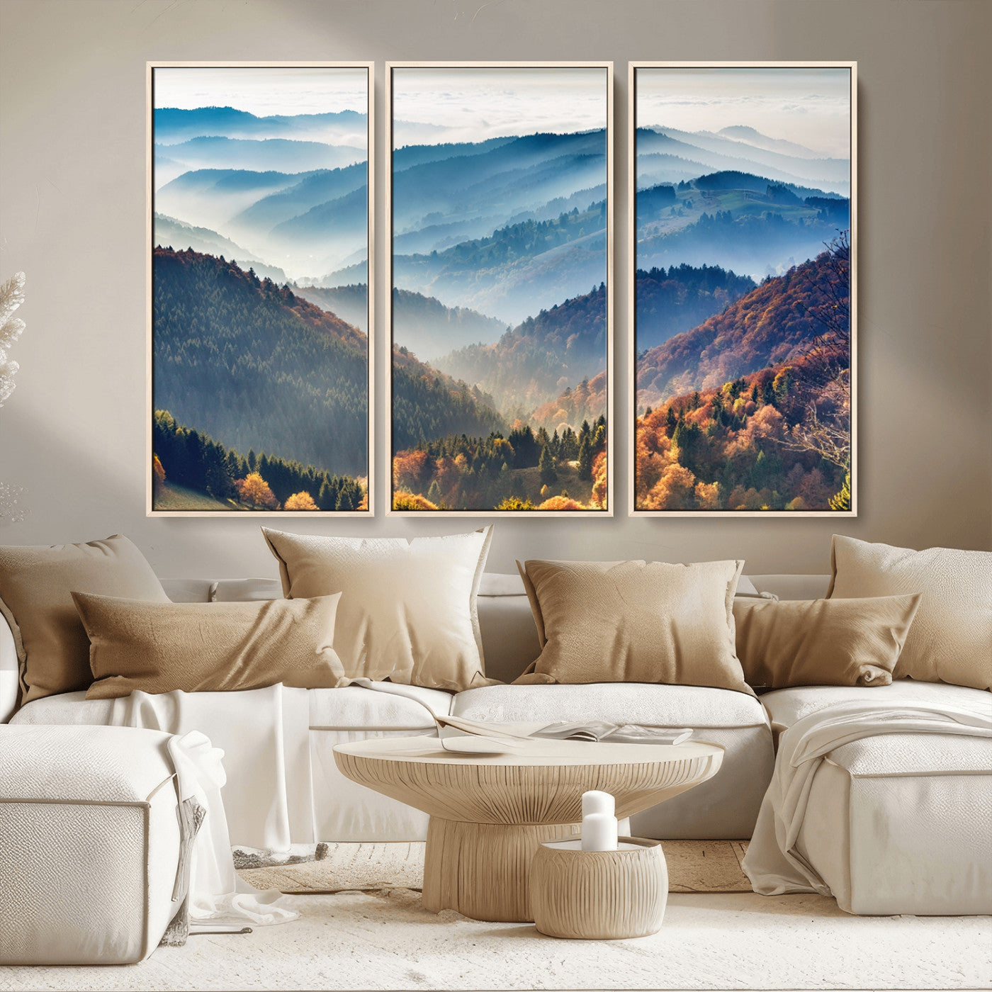 MGV-FC-48X32-3P - Misty Mountain Sunrise Triptych Canvas Print – Autumn Landscape Wall Art – Scenic Nature Decor –