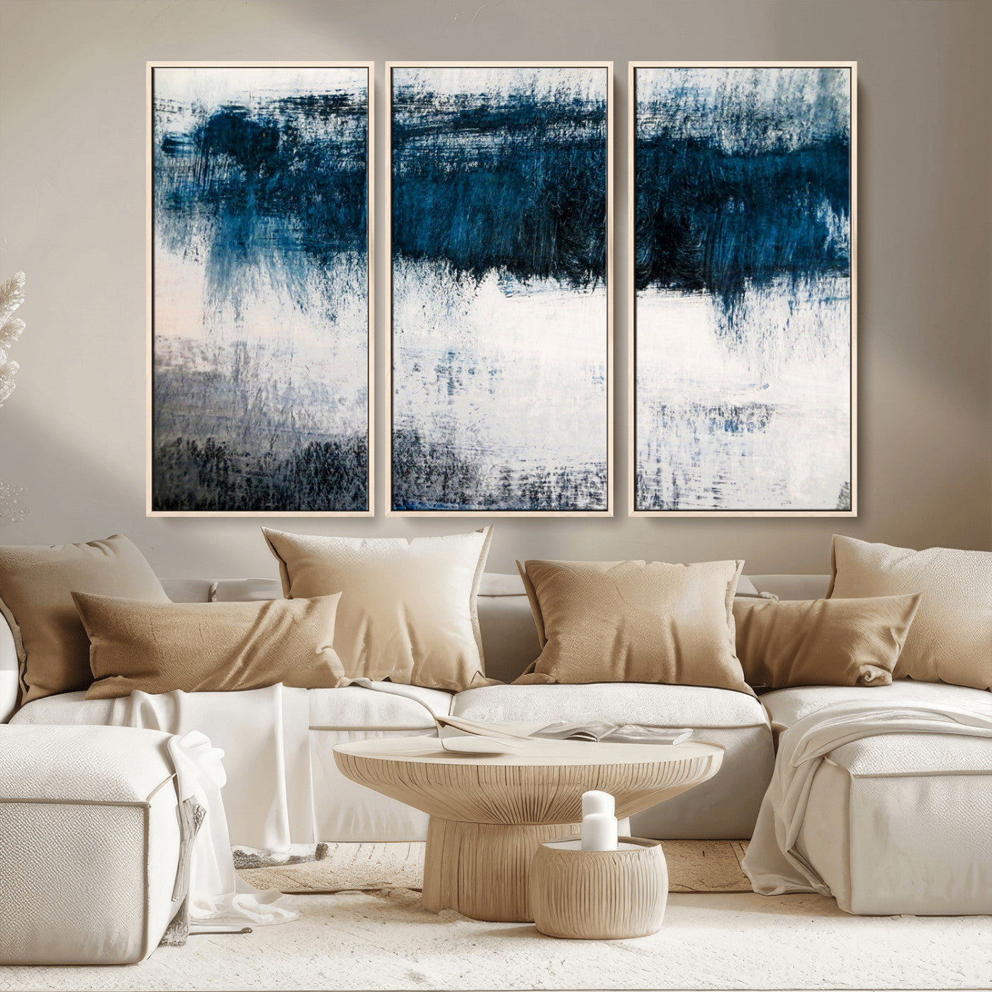 MGV-FC-48X32-3P - Abstract Blue and White Canvas Art | Large Wall Art for Modern Living Room Decor | Minimalist
