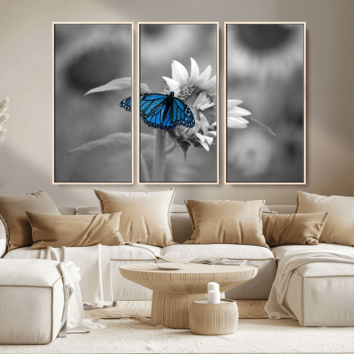 MGV-FC-48X32-3P - Blue Butterfly Black and White Canvas Wall Art