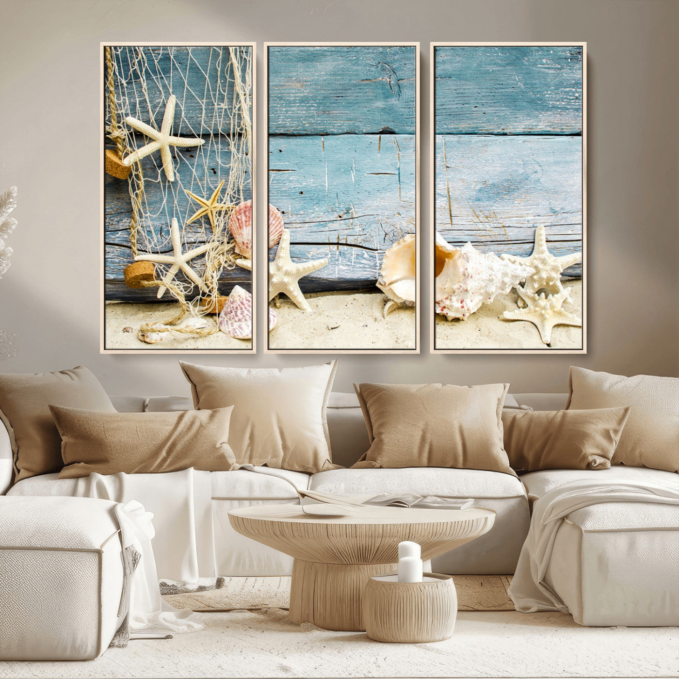 MGV-FC-48X32-3P - Seashells on Rustic Wooden Background, Seashells Wall Art Canvas Print