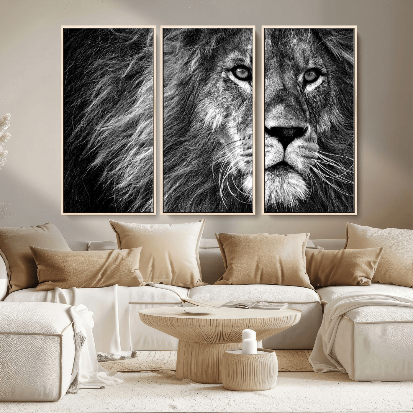 MGV-FC-48X32-3P - Black and White Lion Canvas Wall Art Print