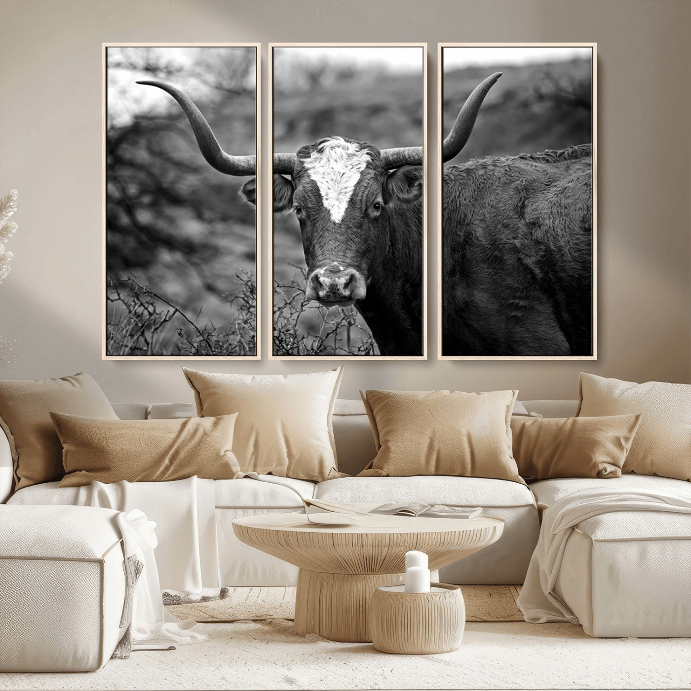MGV-FC-48X32-3P - Western Home Wall Art Canvas Print, Framed Texas Longhorn Art Picture Print, Rustic Cow Perfect Rustic Farmhouse Decor Artwork