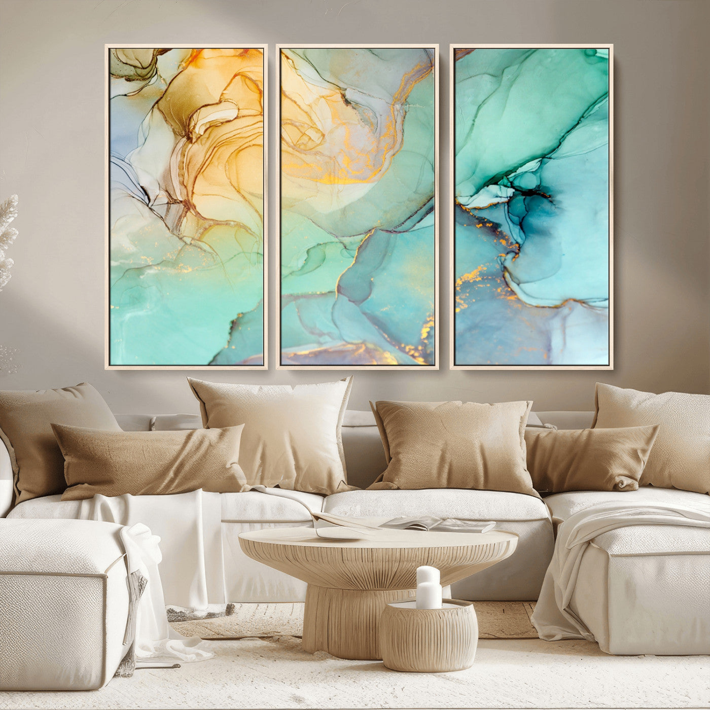 MGV-FC-48X32-3P - Abstract Aqua and Gold Fluid Wall Art Canvas | 3 Panel Large Canvas Print for Living Room, Office,