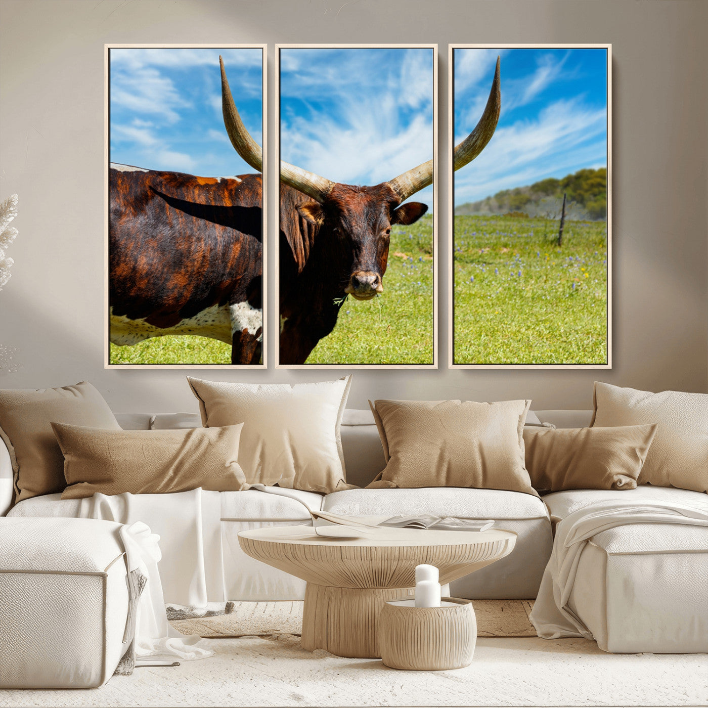 MGV-FC-48X32-3P - Longhorn and Cow Wall Art, Country Cow Wall Decor Canvas Print