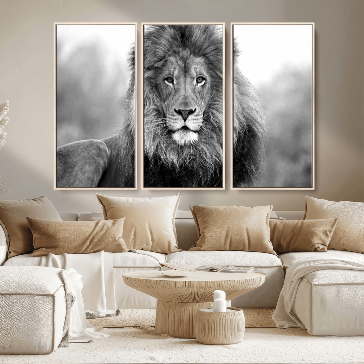 MGV-FC-48X32-3P - Black and White Lion Canvas Wall Art Animal Print