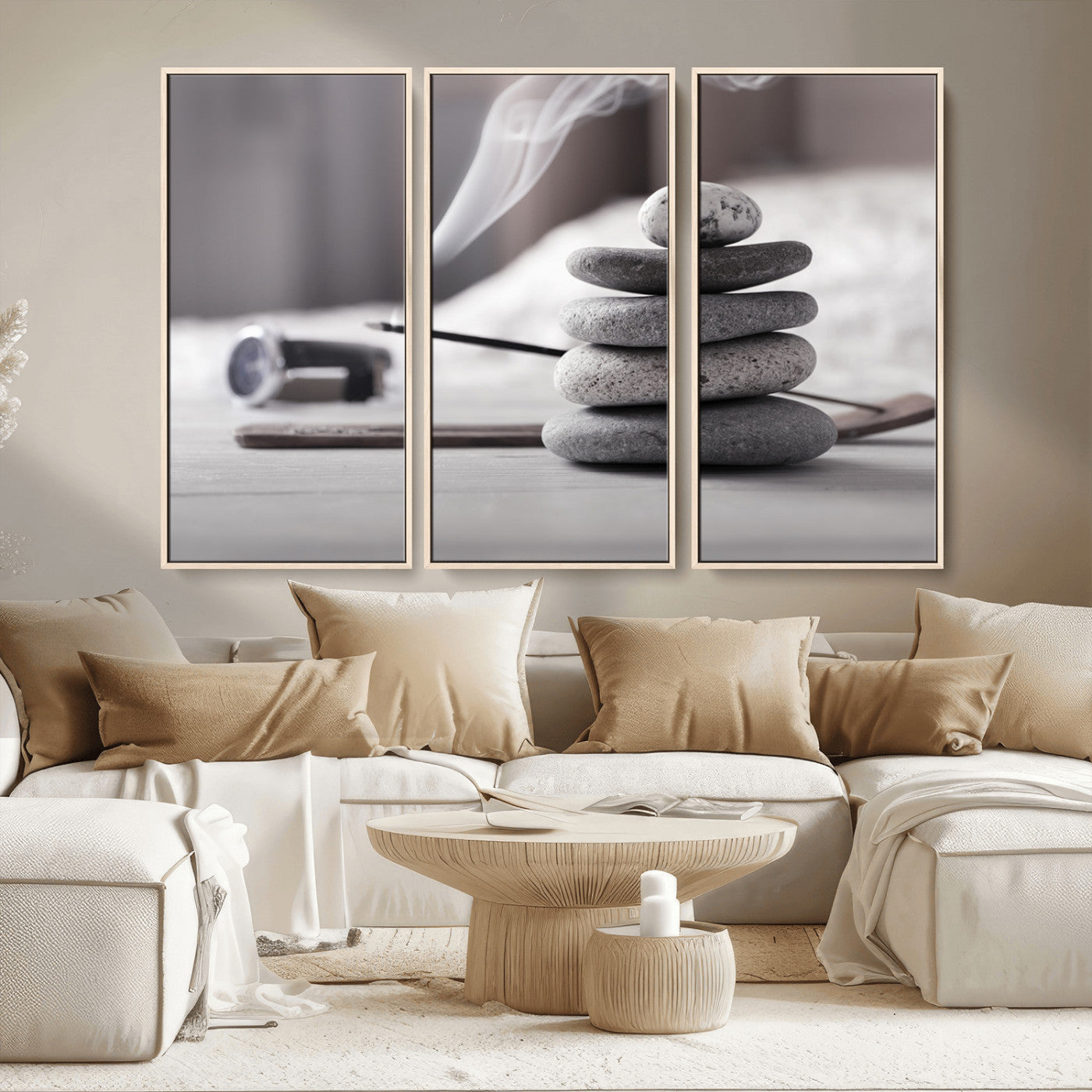 MGV-FC-48X32-3P - Burning Incense and Zen Stones Buddhism Wall Art, Zen Stones Wall Art Canvas Print