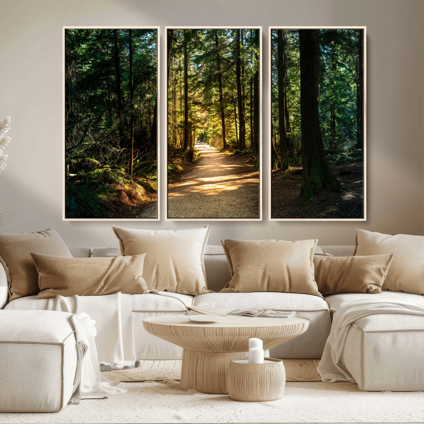 MGV-FC-48X32-3P - Sunlit Forest Pathway Canvas Print | 3 Panel Large Nature Wall Art for Living Room, Office, or