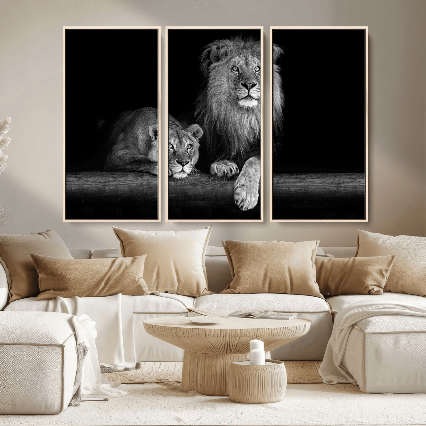 MGV-FC-48X32-3P - Large Black and White Lion Couple Wall Art Canvas Print