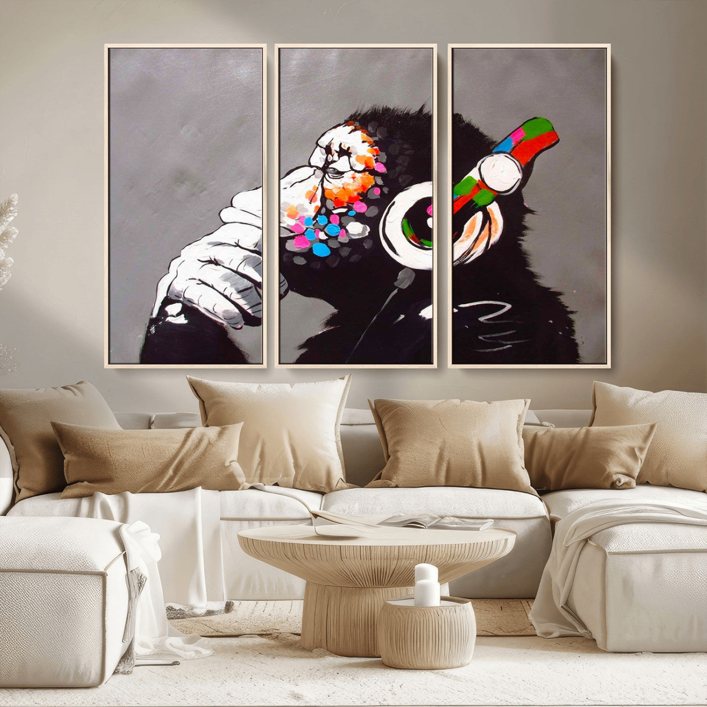 MGV-FC-48X32-3P - Dj Monkey Listening to Music Wall Art Print | Banksy Monkey Large Canvas Print for Living Room,