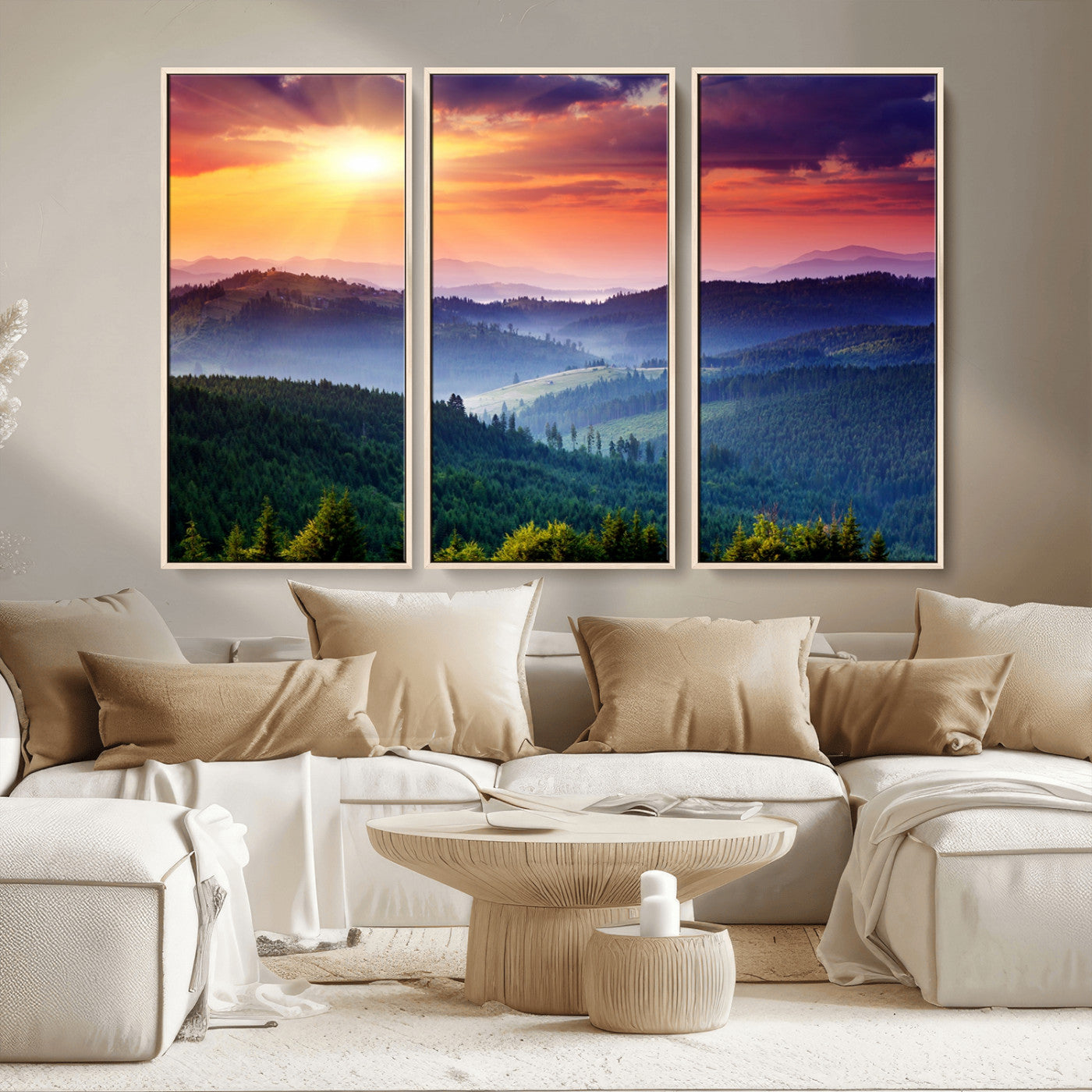 MGV-FC-48X32-3P - Beautiful Sunset over Hills Forest Landscape Canvas Wall Art Print