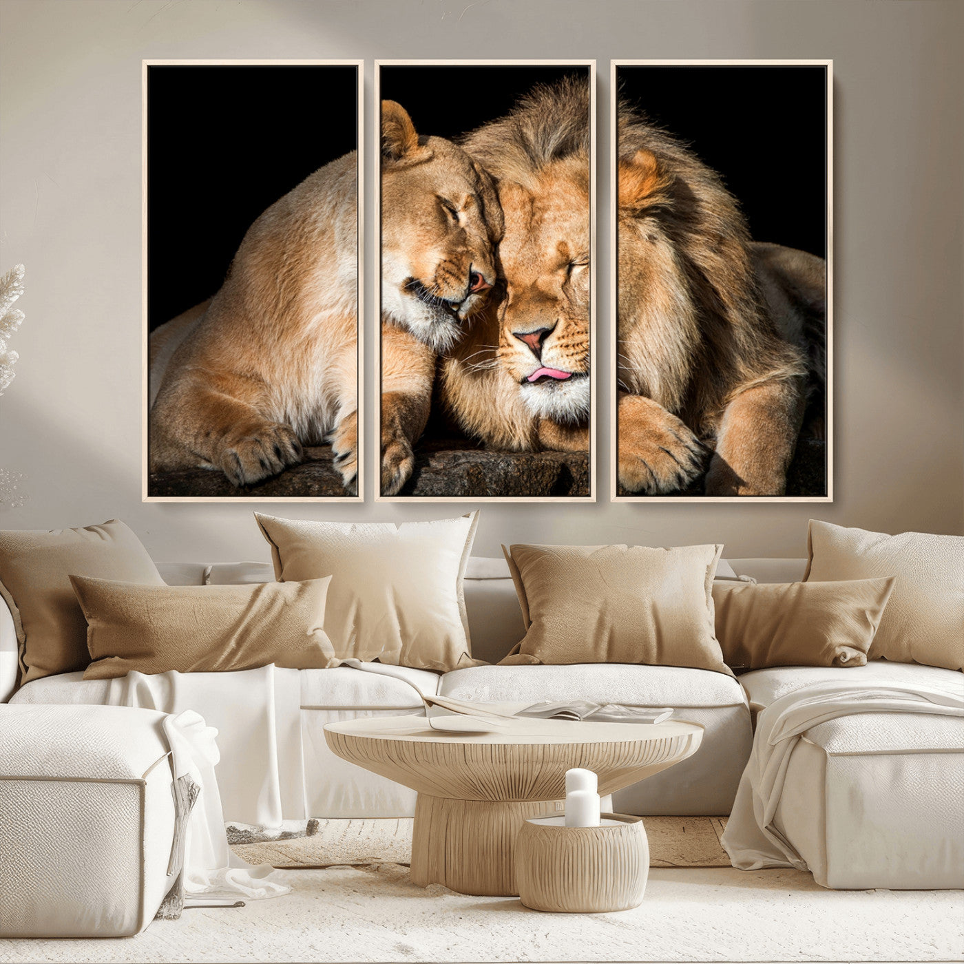 MGV-FC-48X32-3P - Lion and Lioness Wall Art Print Canvas | 3-Panel African Wildlife Canvas Print | Animal-Themed Art