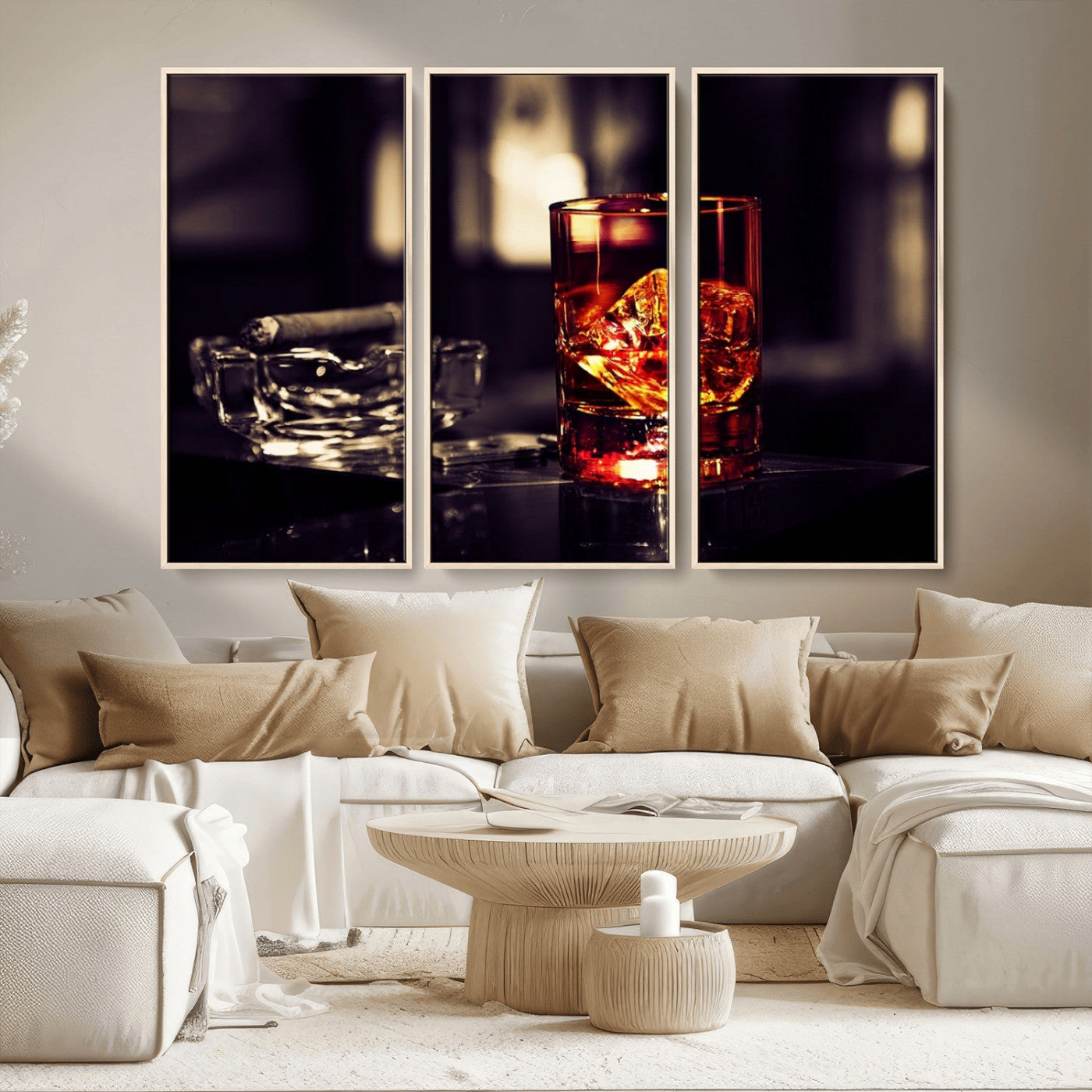 MGV-FC-48X32-3P - Whiskey and Cigar Canvas – Luxurious Wall Art for Home or Bar – Glass and Cigar Scene Print Canvas