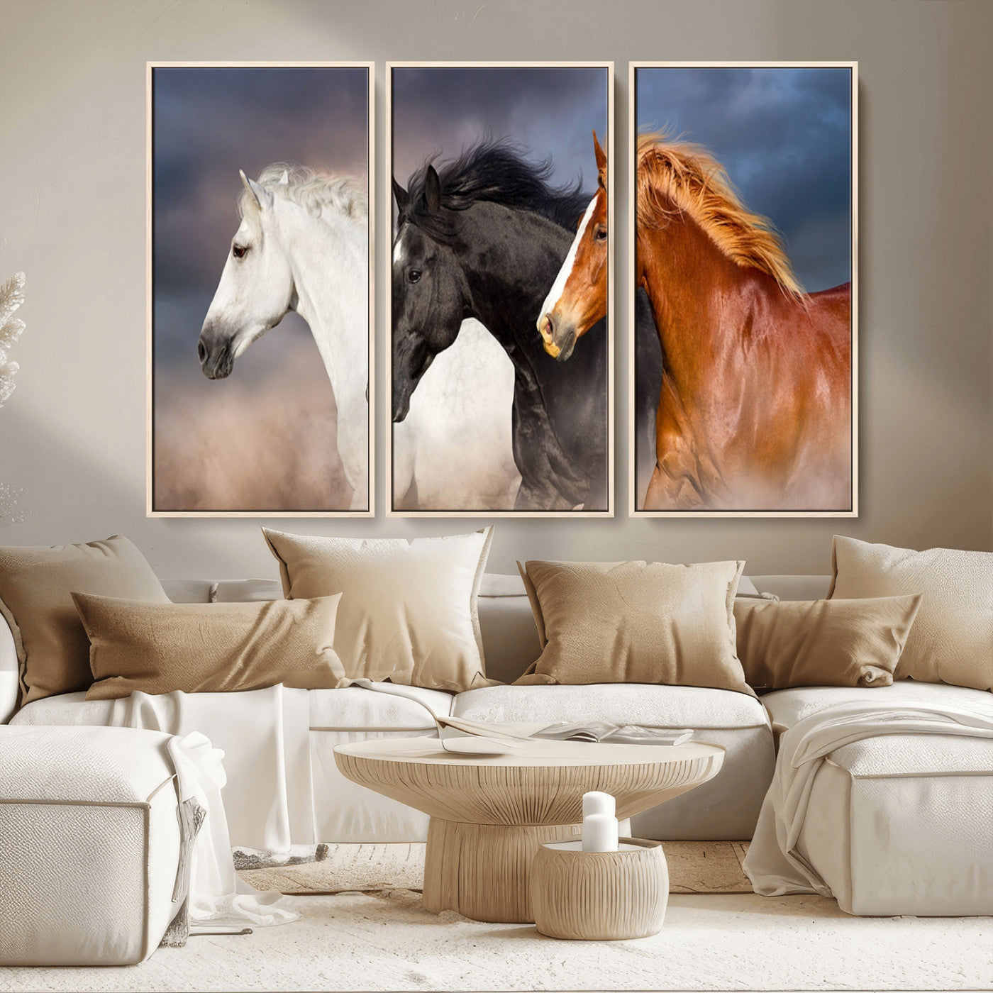 MGV-FC-48X32-3P - Animal Wall Art Three Horses Farmhouse Art Canvas, Framed Three Horses Canvas Print