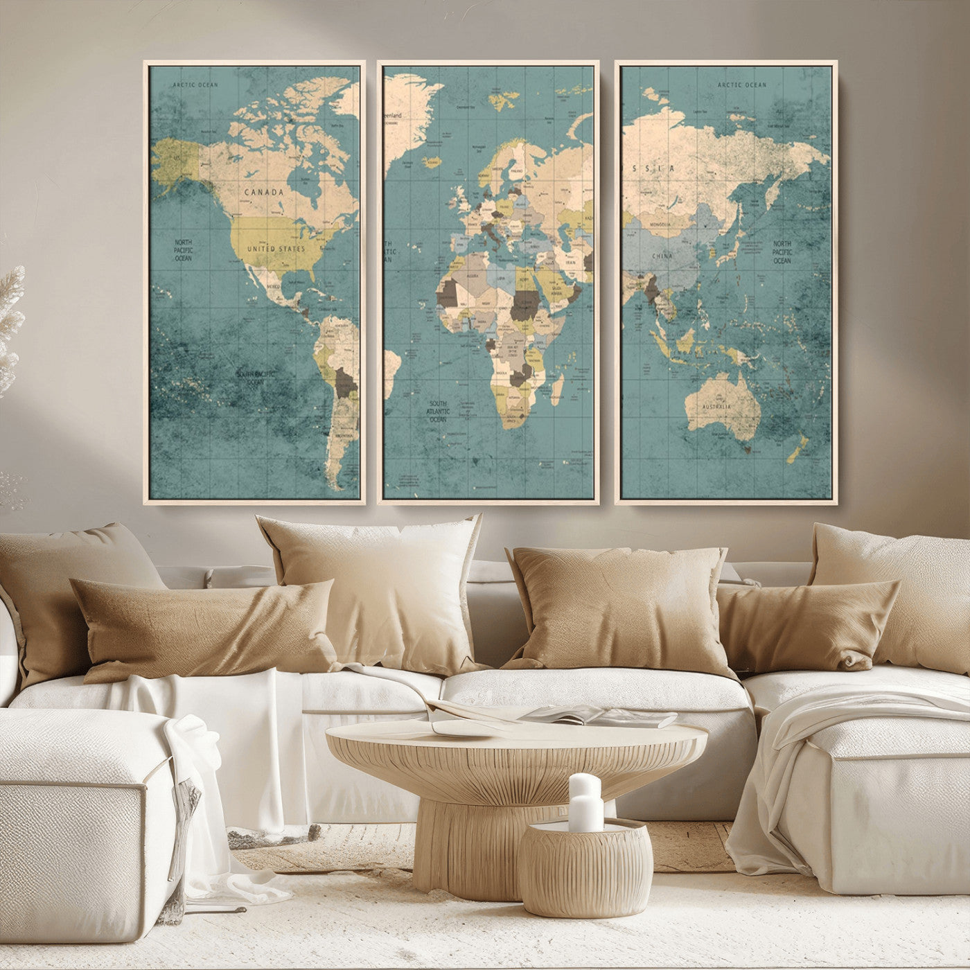MGV-FC-48X32-3P - Classic World Map Wall Art Canvas Print, Framed Retro Map Art Picture Print, Vintage Atlas Perfect Rustic Explorer Decor Artwork