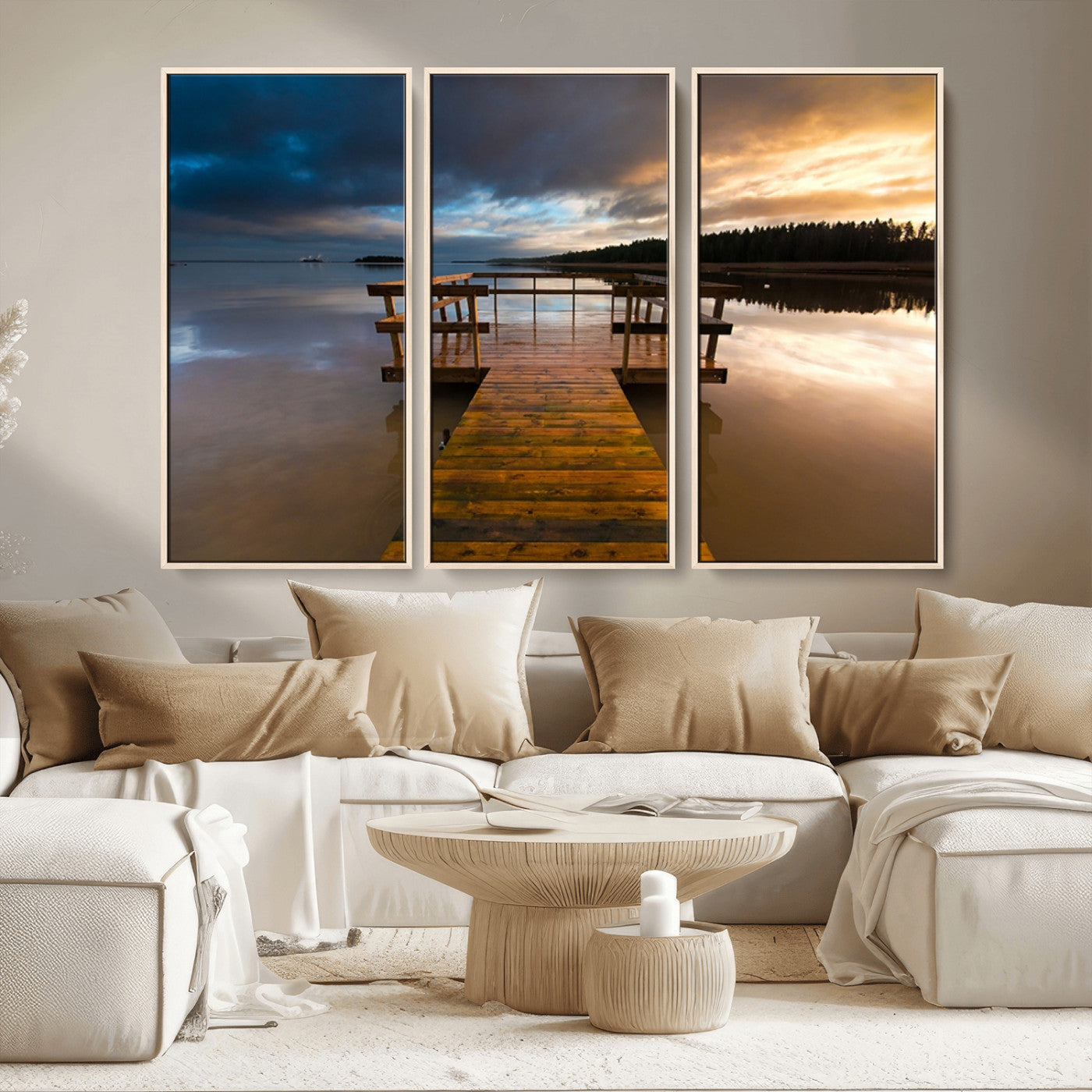 MGV-FC-48X32-3P - Serene Lake Pier at Sunset Canvas Print | Landscape Canvas Print | Ready to Hang and Framed Wall Art