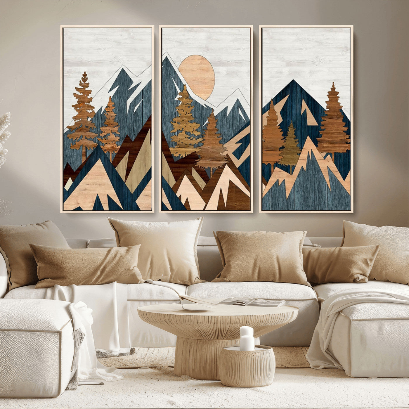 MGV-FC-48X32-3P - Abstract Wood Panel Effect Mountain Range Top Wall Art Canvas Print