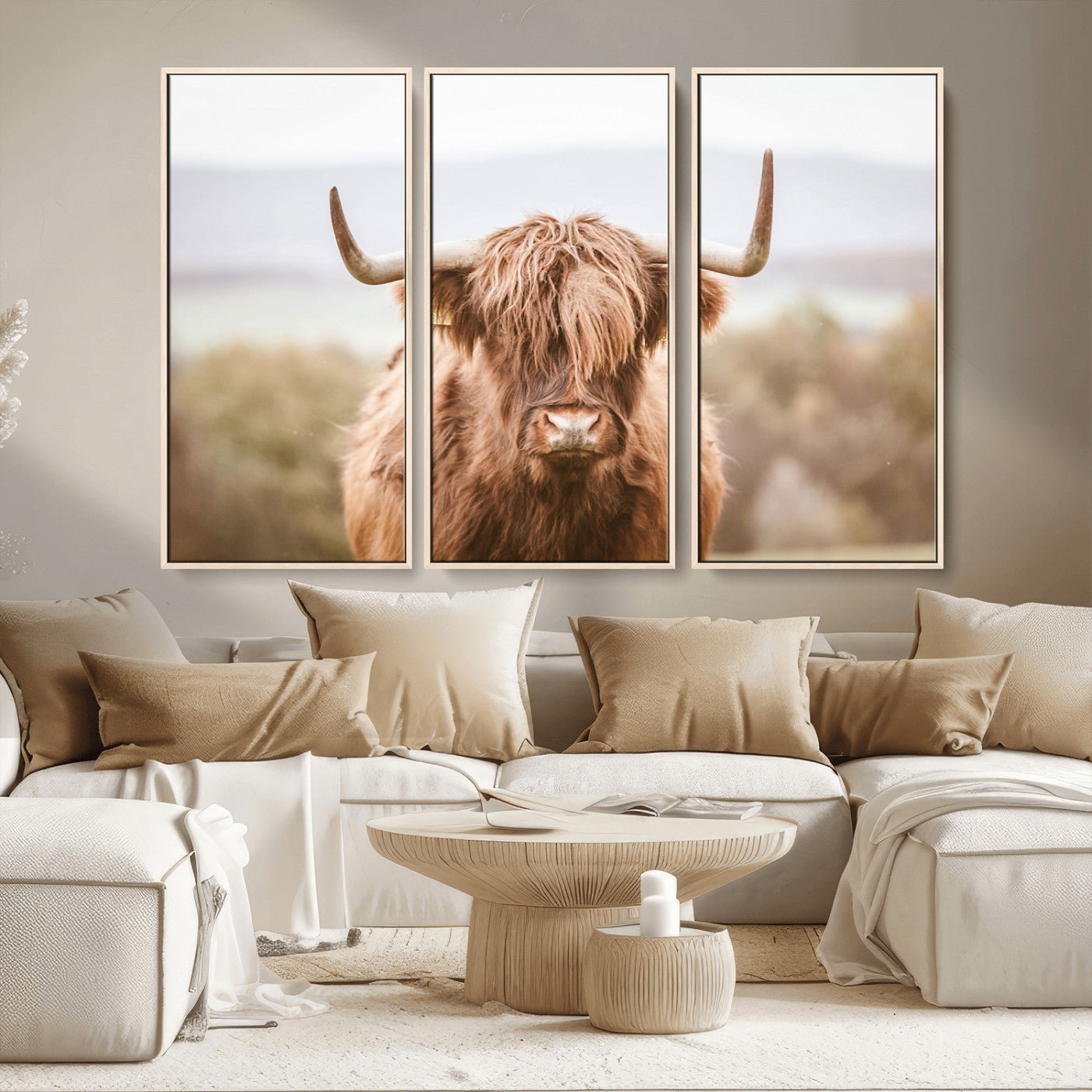 MGV-FC-48X32-3P - Scottish Serene Highland Cow Canvas Wall Art – Serene Highland Cow in Natural Pastel Tones – Ready