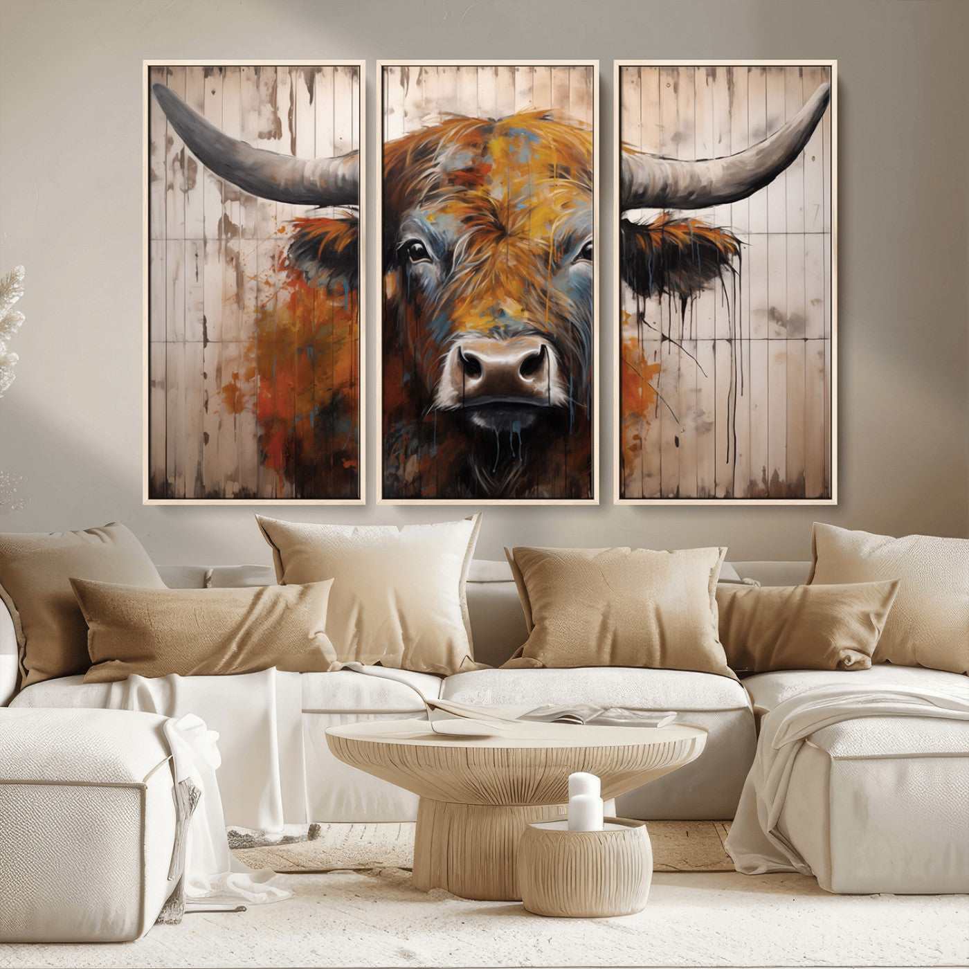 MGV-FC-48X32-3P - Abstract Bull Highland Cow Canvas Wall Art Print – Vibrant Rustic Charm in Modern Farmhouse Decor –