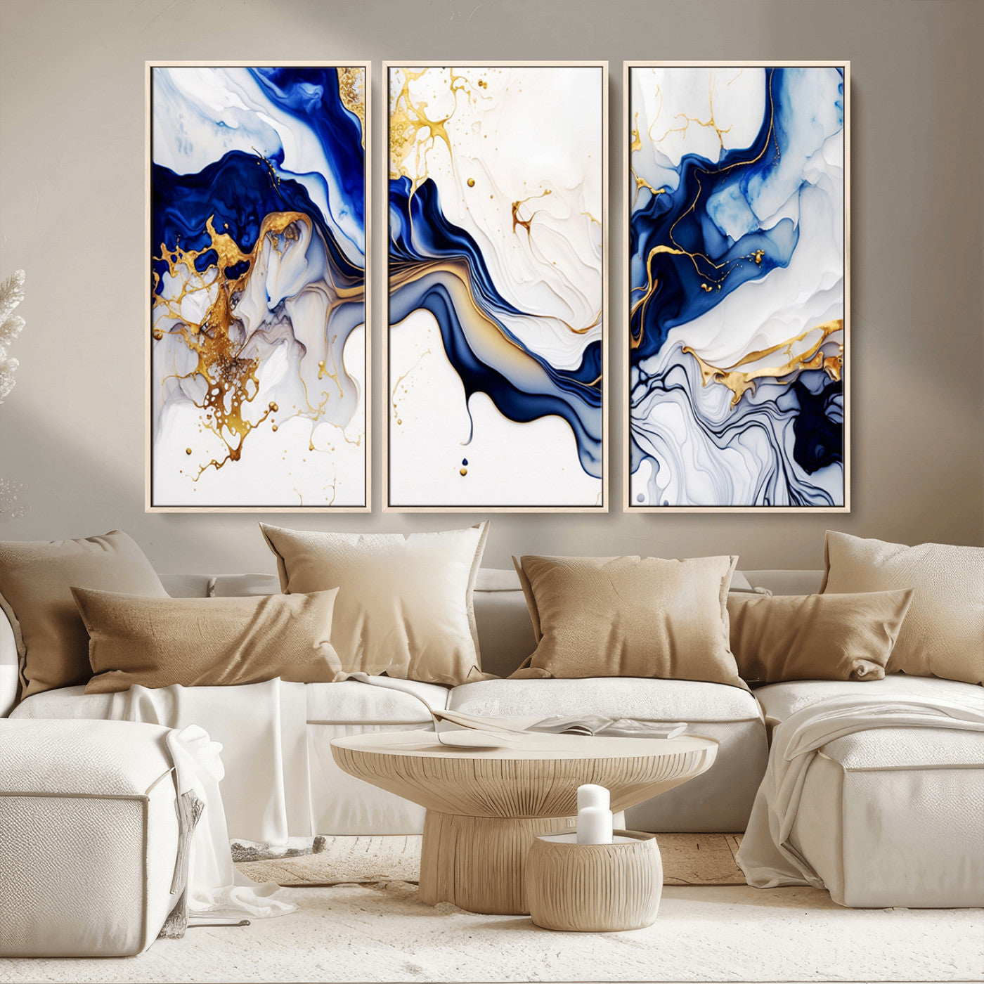 MGV-FC-48X32-3P - Golden Cascades on Midnight Blue – Deep Blue Abstract Wall Art Flowing Elegance | Wall Art Canvas,