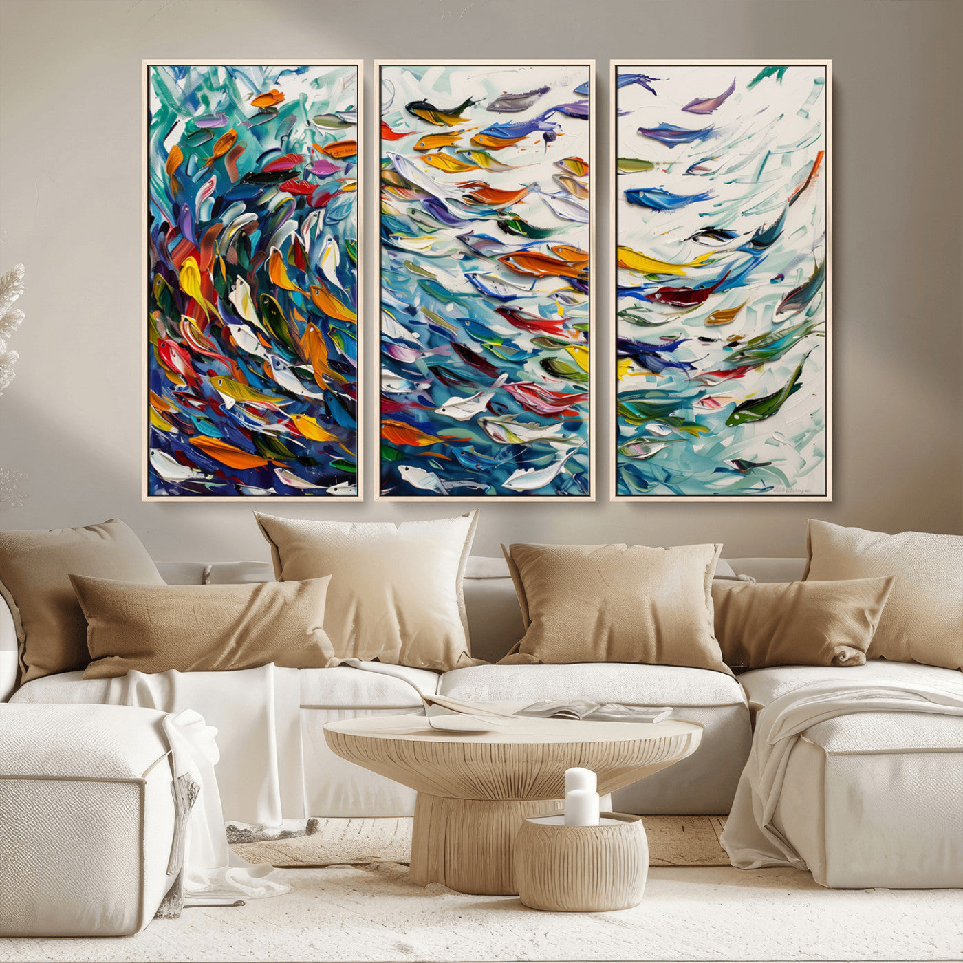 MGV-FC-48X32-3P - Modern Abstract Fish Shoal Wall Art Canvas Print, Colorful Fish Herd Painting on Canvas Print, Ocean