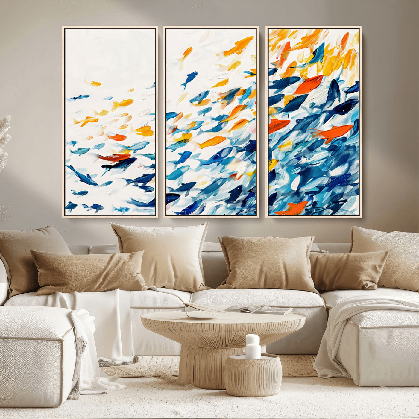 MGV-FC-48X32-3P - Abstract Fish Shoal Wall Art Canvas Print, Colorful Fish Herd Painting on Canvas Print, Ocean Animal