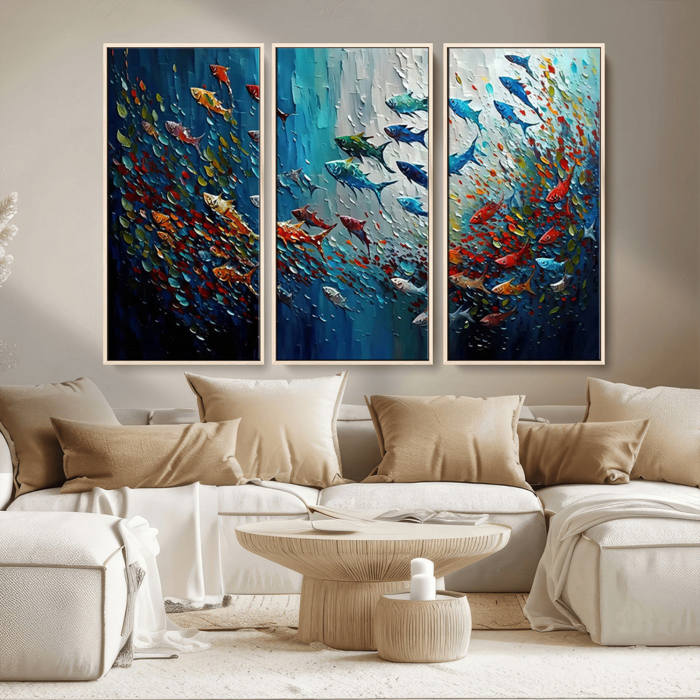 MGV-FC-48X32-3P - Modern Abstract Fish Shoal Wall Art Canvas Print, Colorful Fish Herd Painting on Canvas Print, Ocean