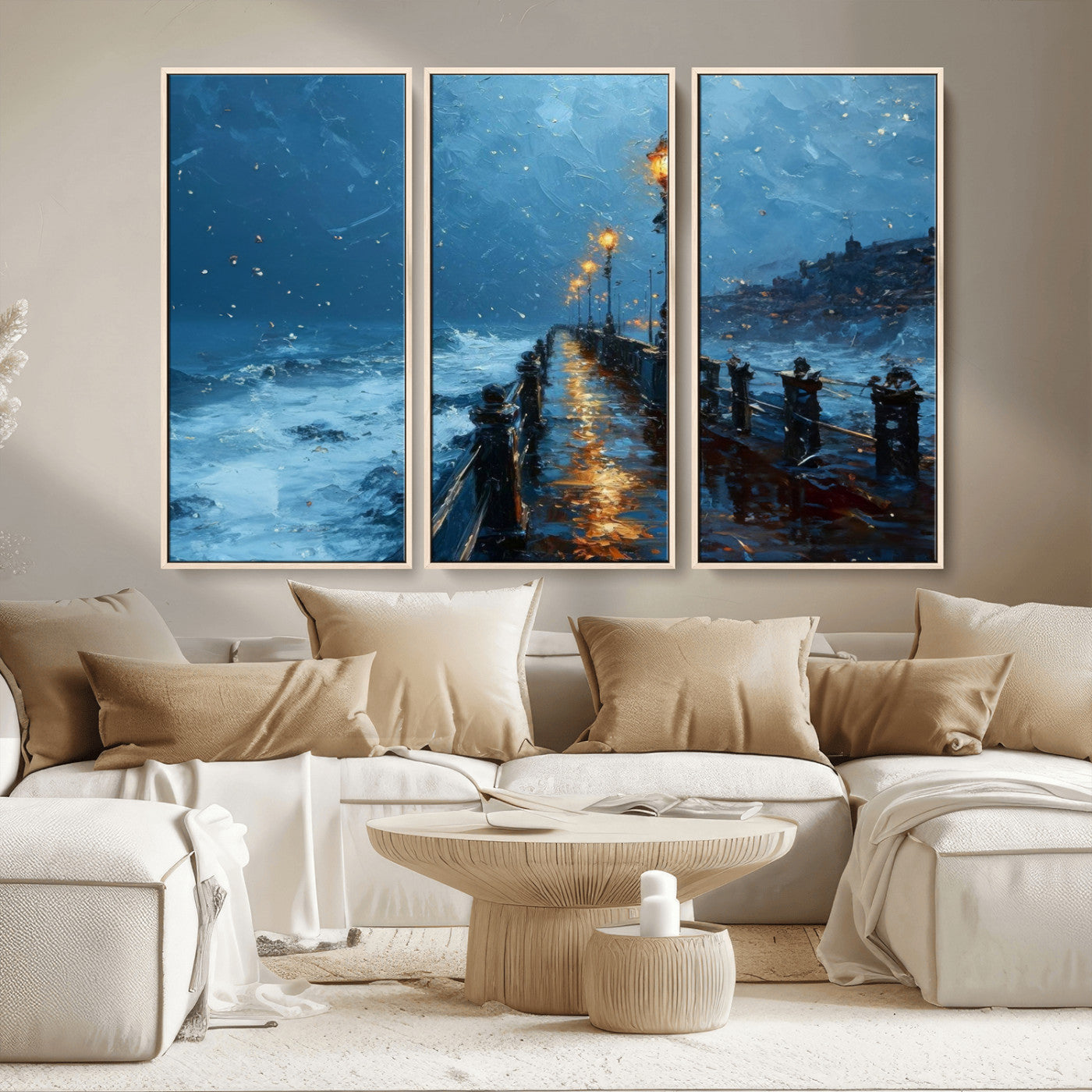 MGV-FC-48X32-3P - Stormy Night at Beach Pier Oil Painting Large Wall Art Print, Framed Canvas Nature Wall Decor,