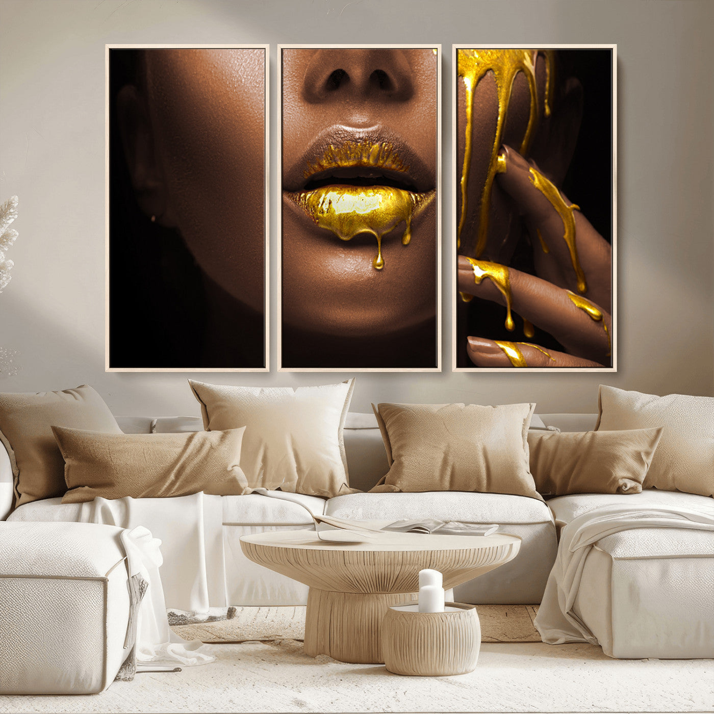 MGV-FC-48X32-3P - African American Art Black Woman Canvas Print, African Wall Art, Fashion African Woman Gold Lips
