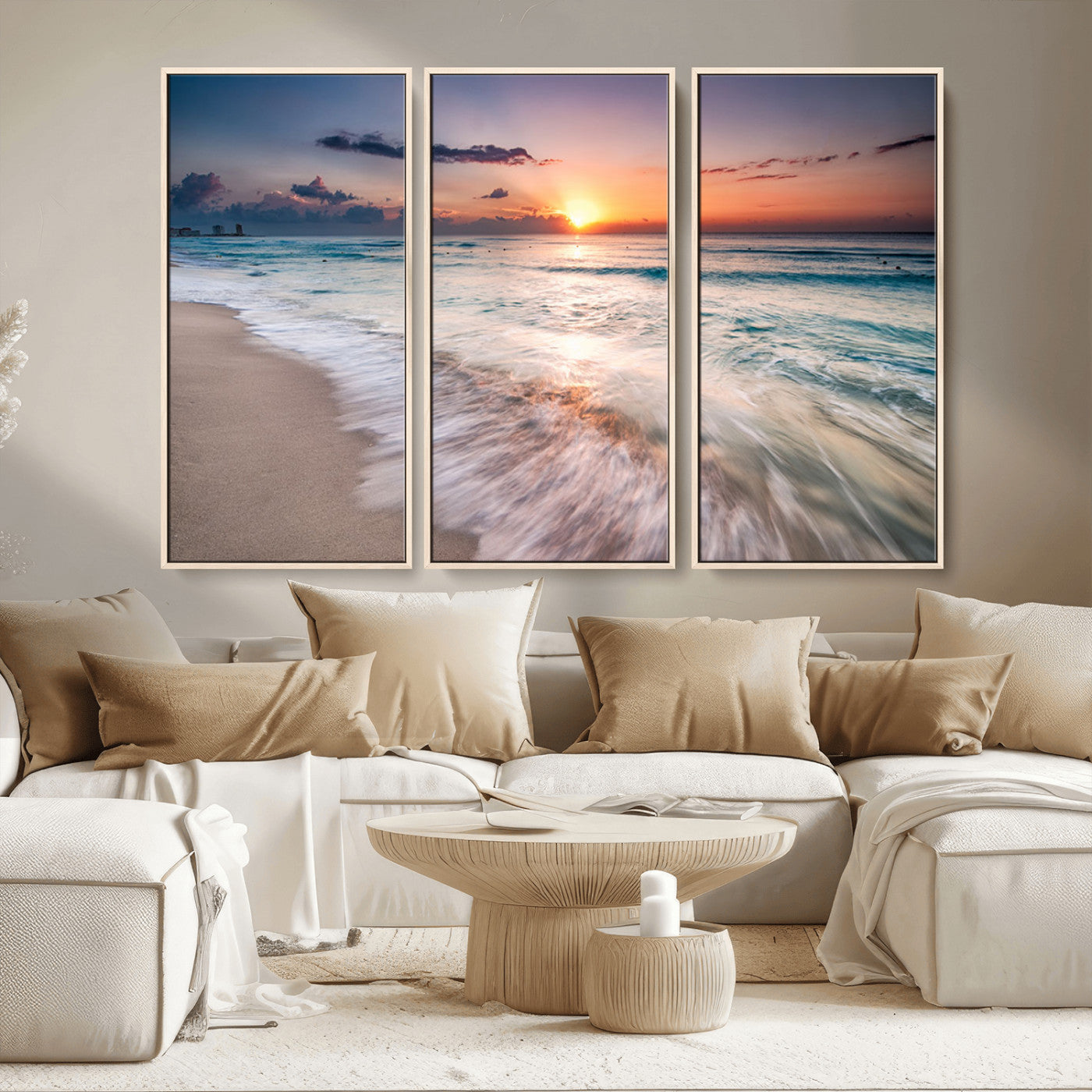MGV-FC-48X32-3P - Sunset Beach Wall Art – Soothing Coastal Landscape, Ready to Hang for Tranquil Home Decor