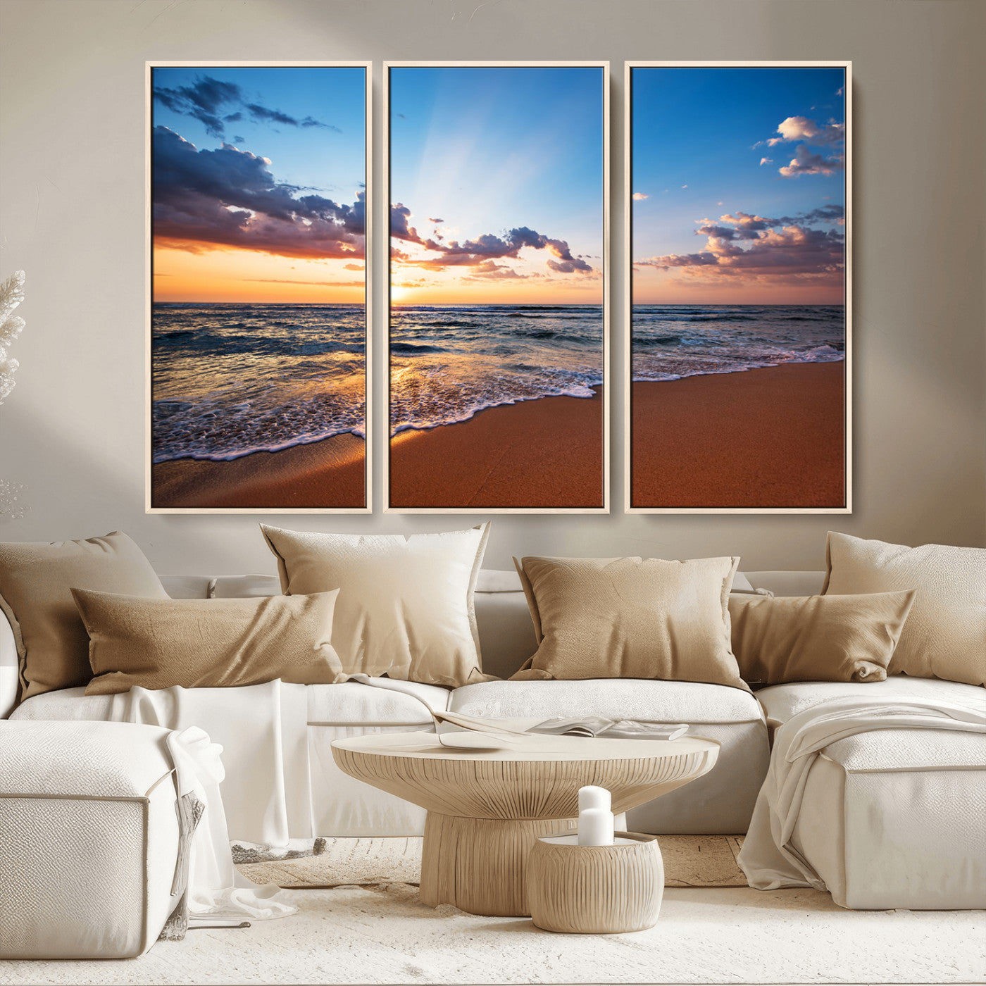 MGV-FC-48X32-3P - Golden Hour Beach Sunset Wall Art | Canvas Print | Ready to Hang | Coastal Wall Art for Living Room