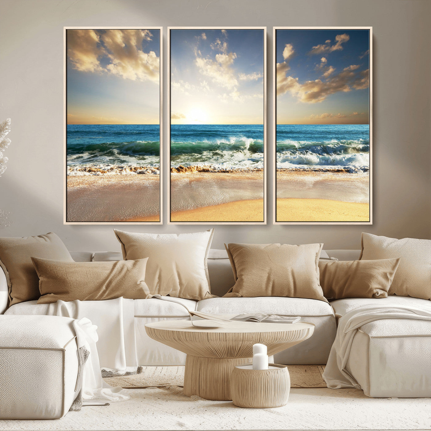 MGV-FC-48X32-3P - Golden Sunset Beach Triptych Canvas Wall Art for Living Room – 3-Panel Ocean View, Framed & Ready to